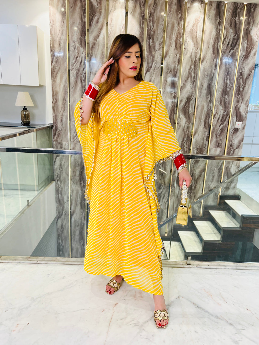 Yellow Leheriya Mirror Kaftaan