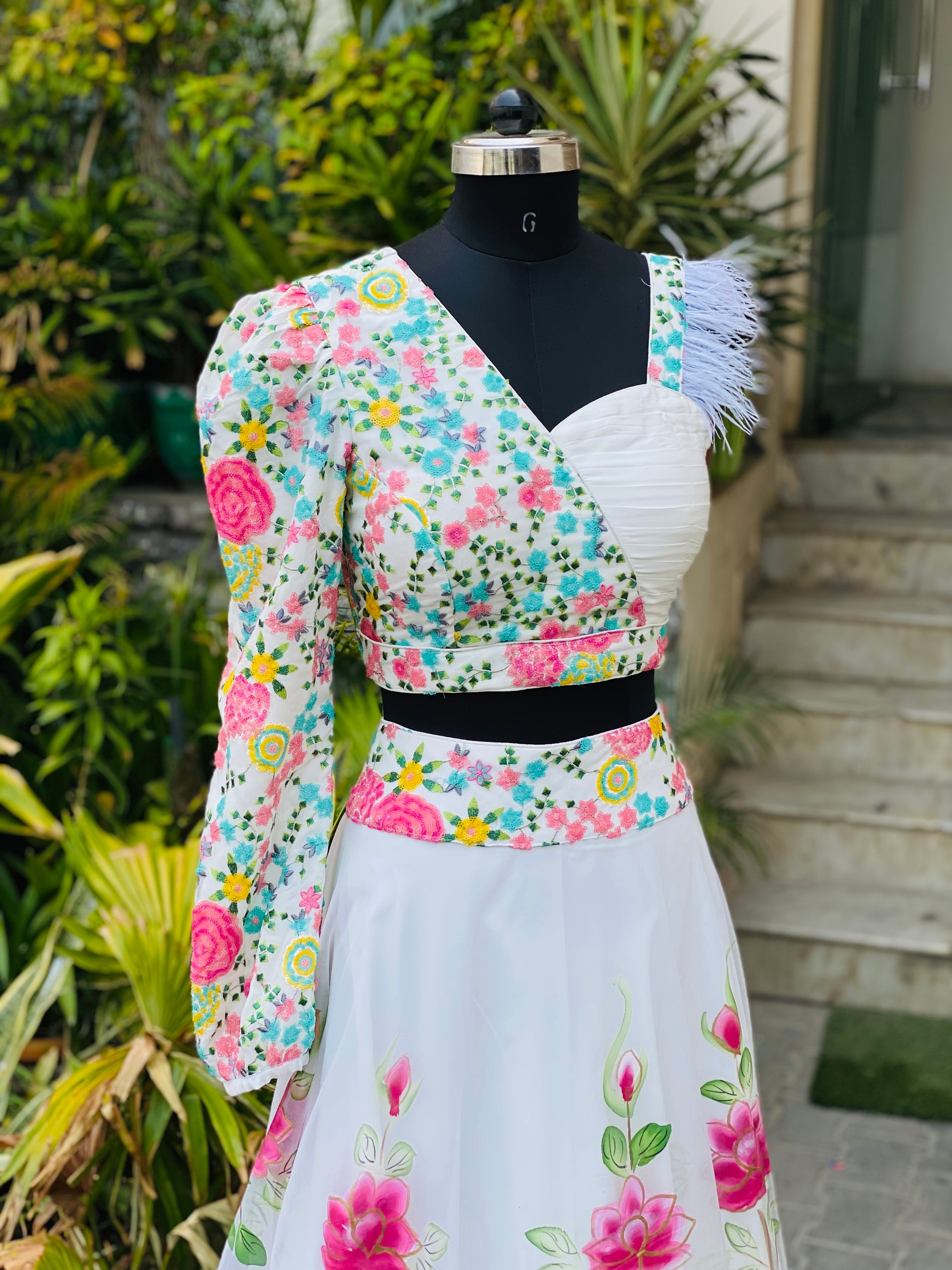 White Handpainted Organza Lehenga