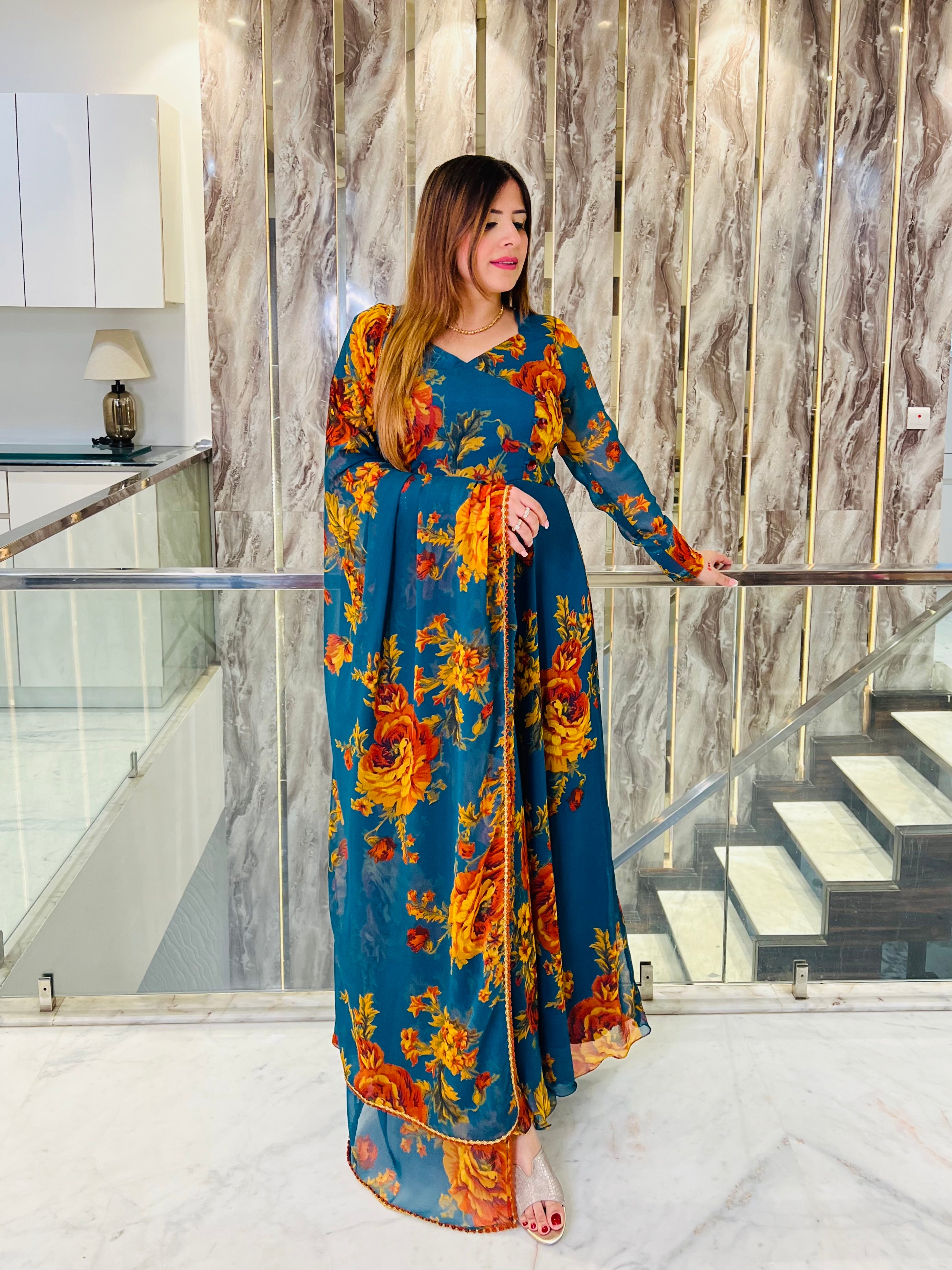 Teal Green Floral Anarkali