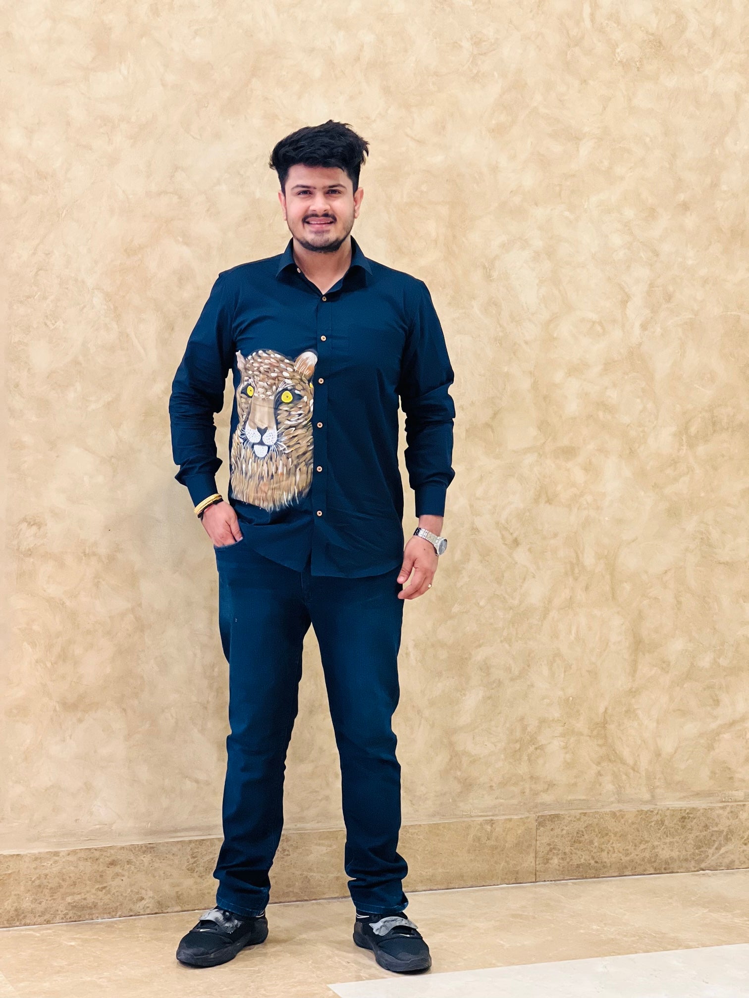 Menswear Navy Blue Hand-painted Shirt