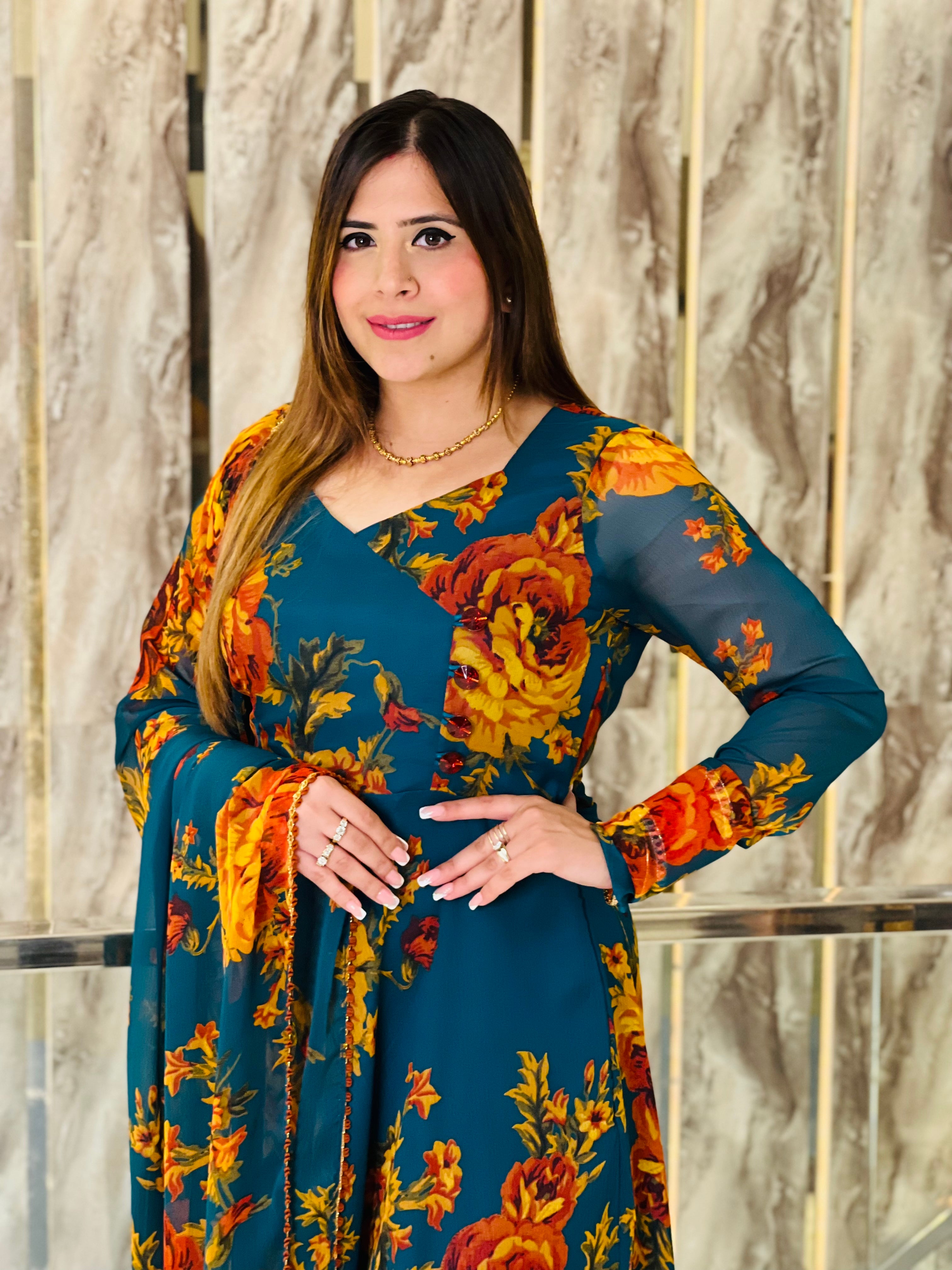 Teal Green Floral Anarkali