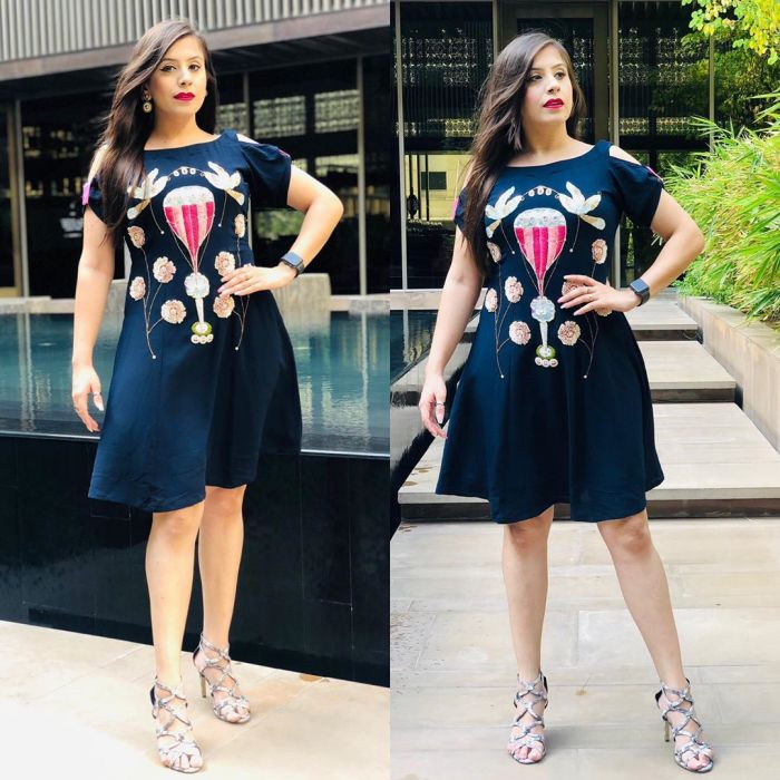 Navy Blue Balloon Embroidered Dress