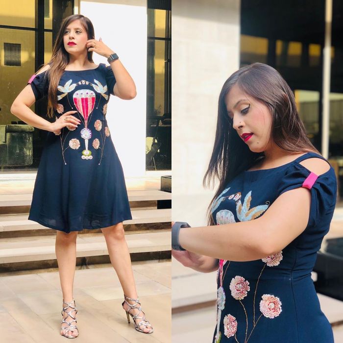 Navy Blue Balloon Embroidered Dress