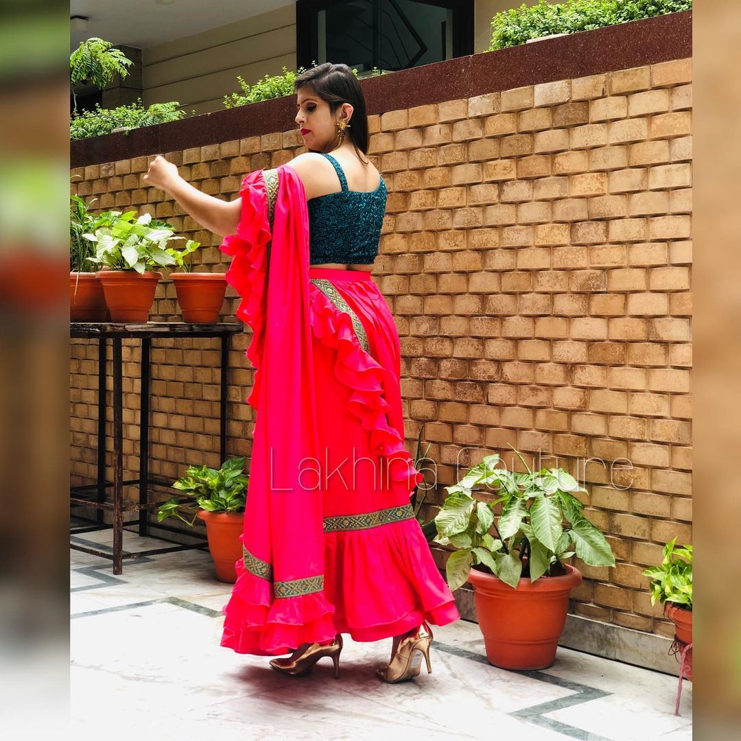 Carrot Pink Peacock Ruffle Saree