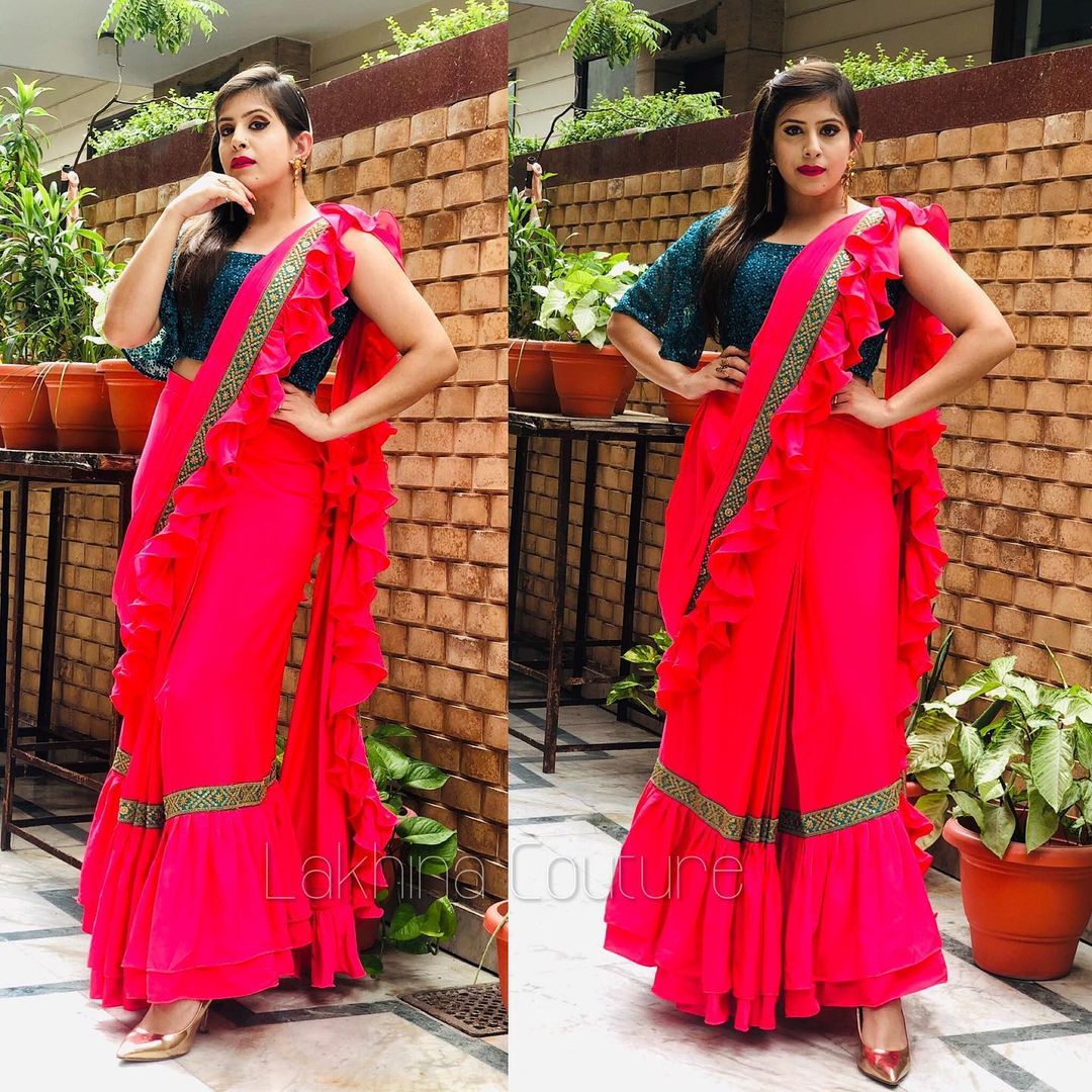 Carrot Pink Peacock Ruffle Saree