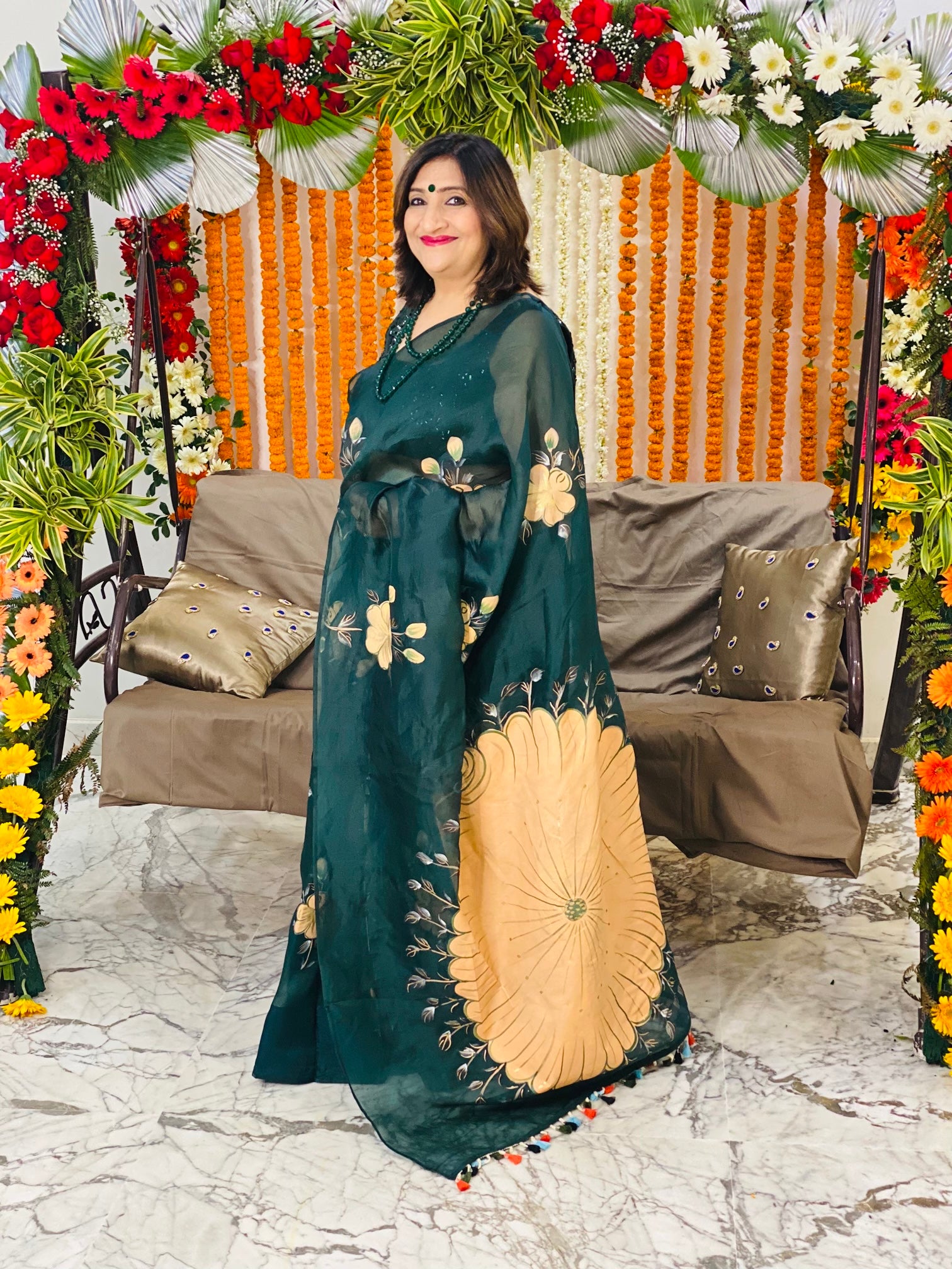 Bottle Green Handpainted Saree