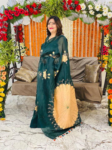 Bottle Green Handpainted Saree