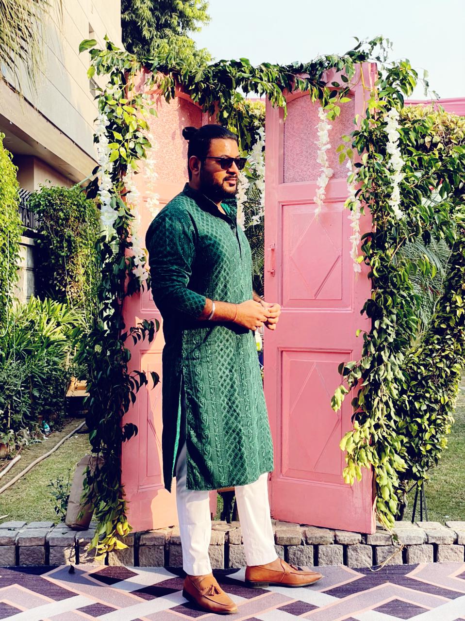 Menswear Bottle Green Chikankari Kurta Set