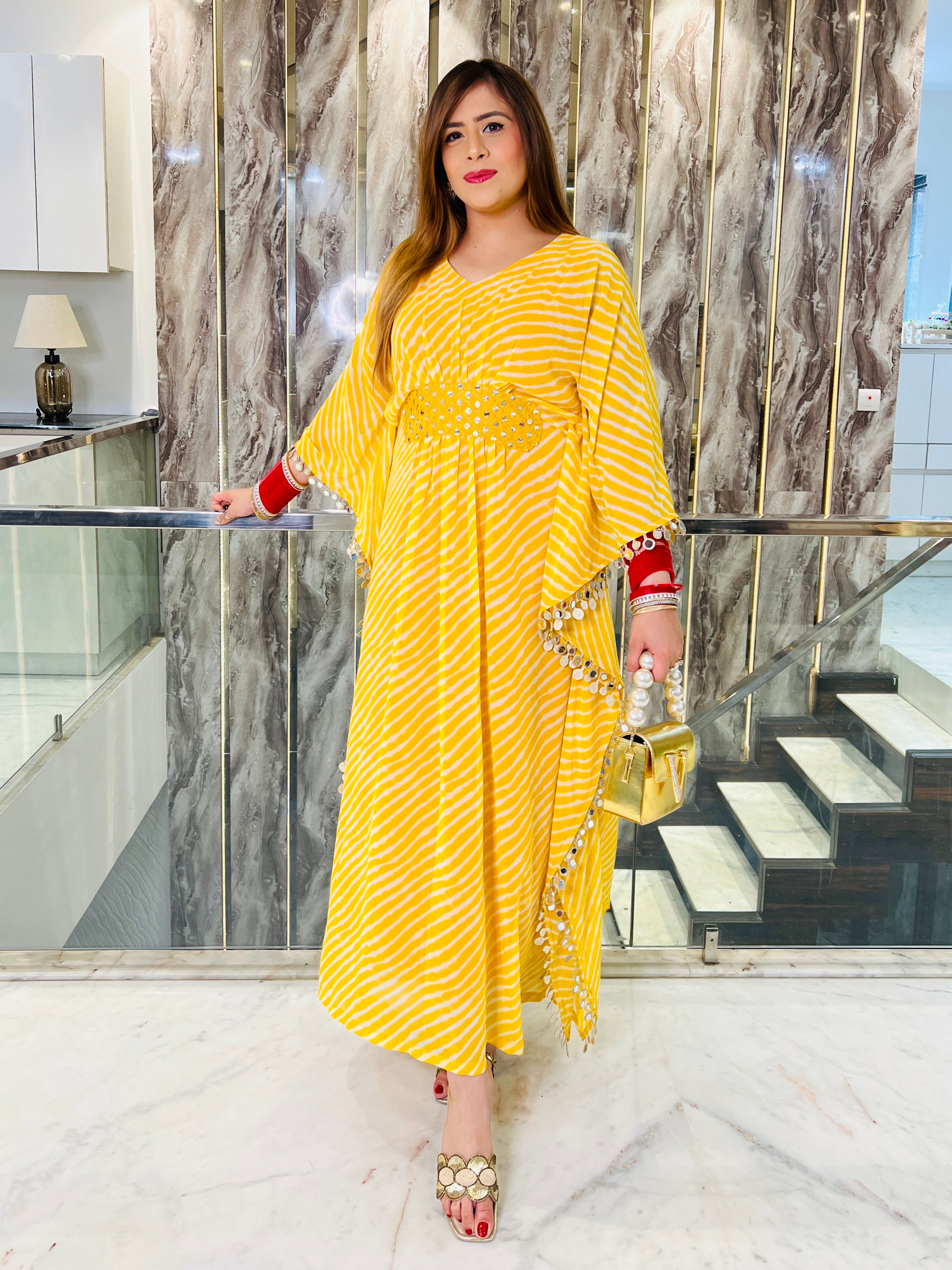 Yellow Leheriya Mirror Kaftaan