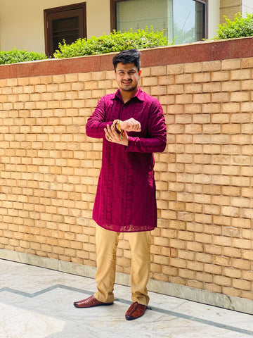 Menswear Wine Chikankari Kurta Set