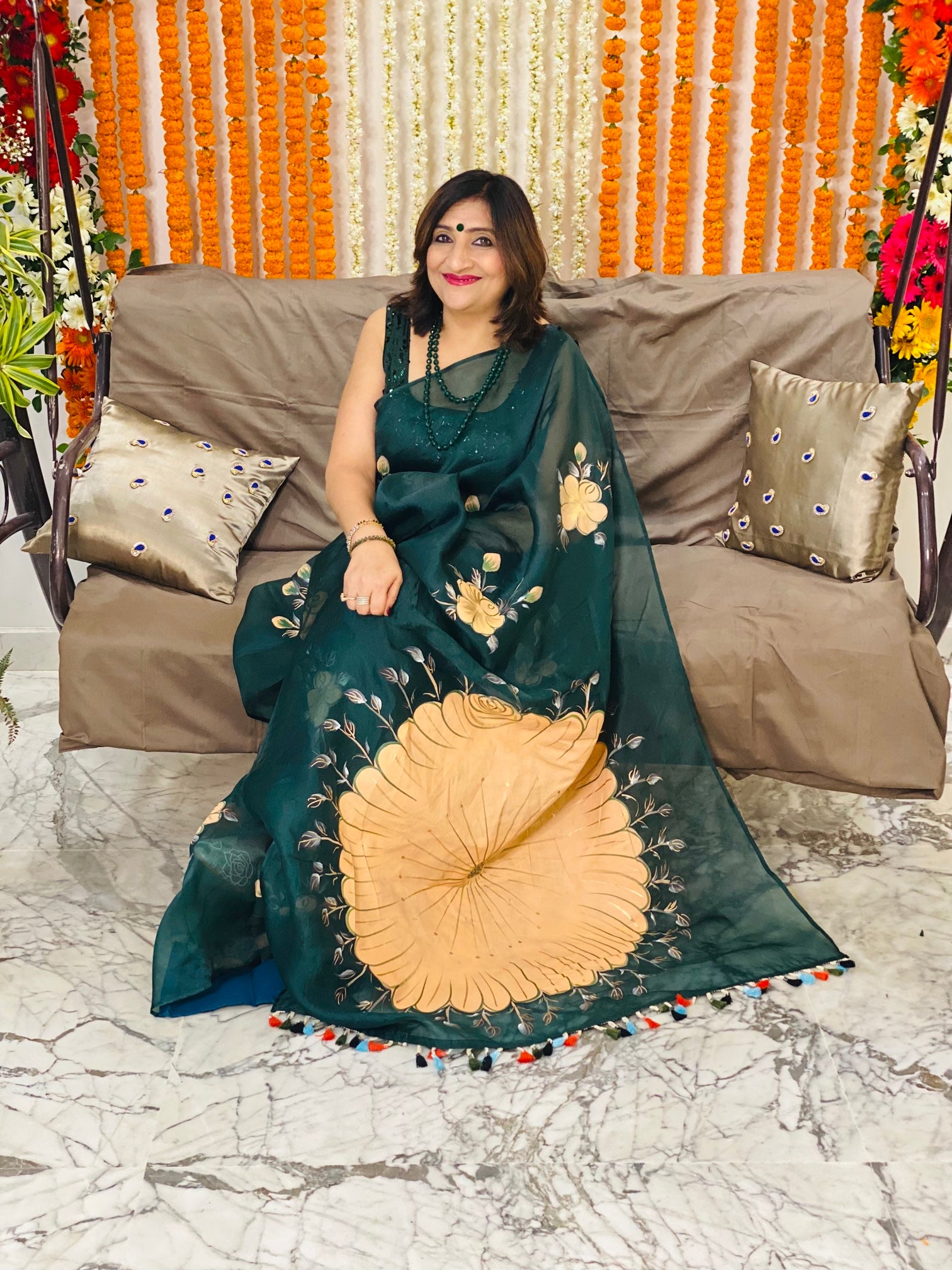 Bottle Green Handpainted Saree