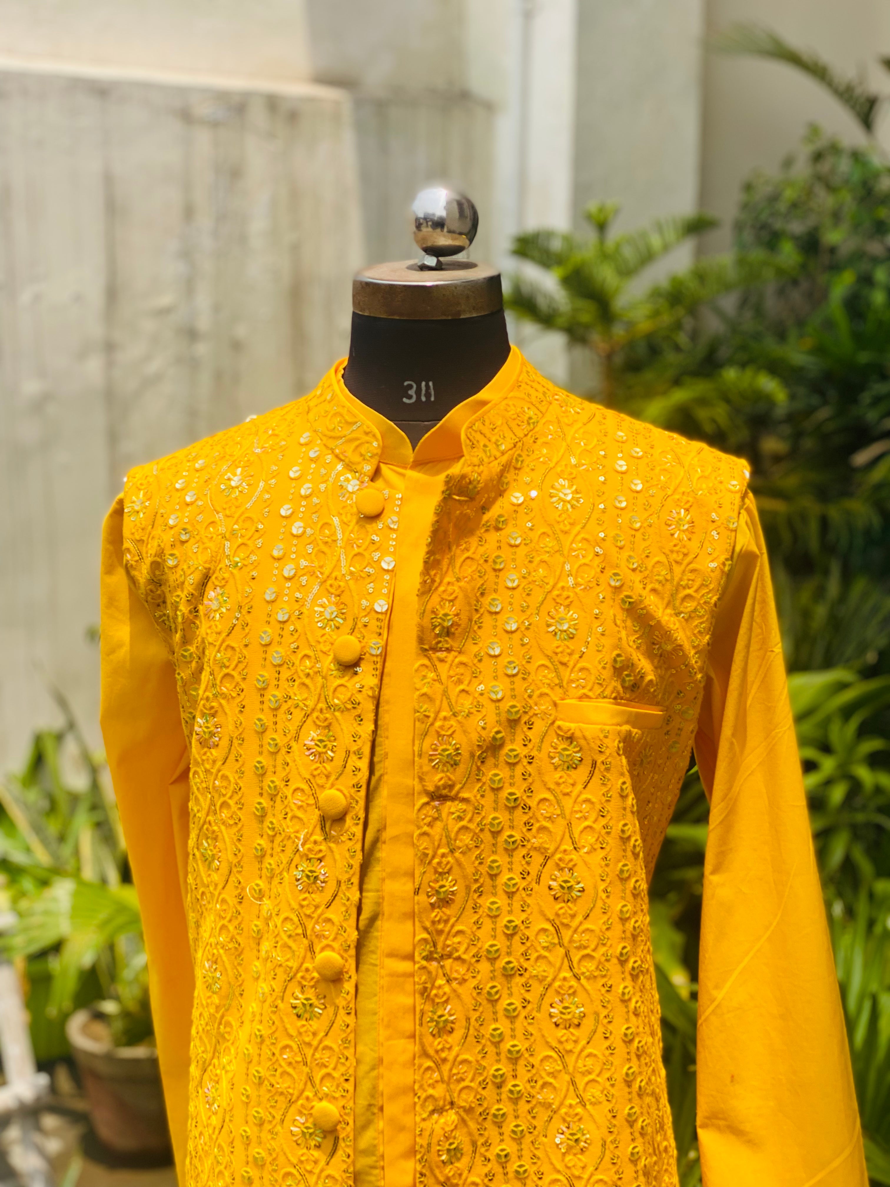 Menswear Yellow & White Kurta Set