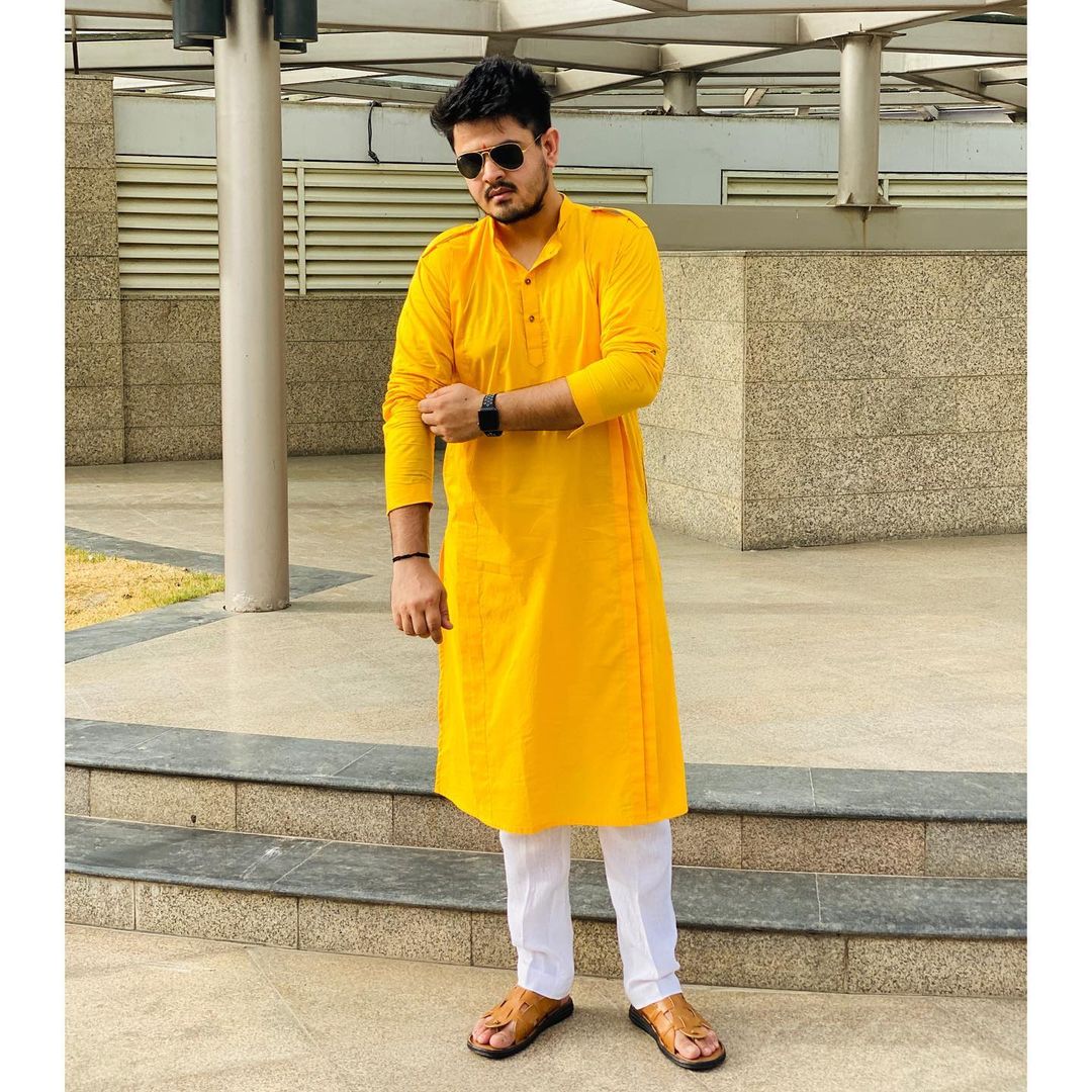 Menswear Sunshine Yellow Pathani Kurta with Pants