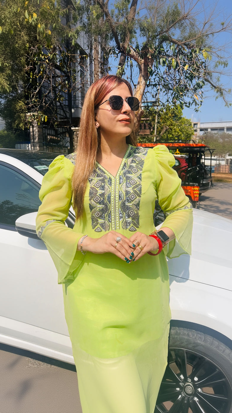Pista Green Embroidered Kurti