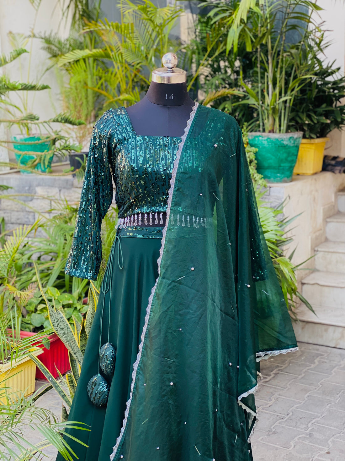 Bottle Green Georgette Lehenga