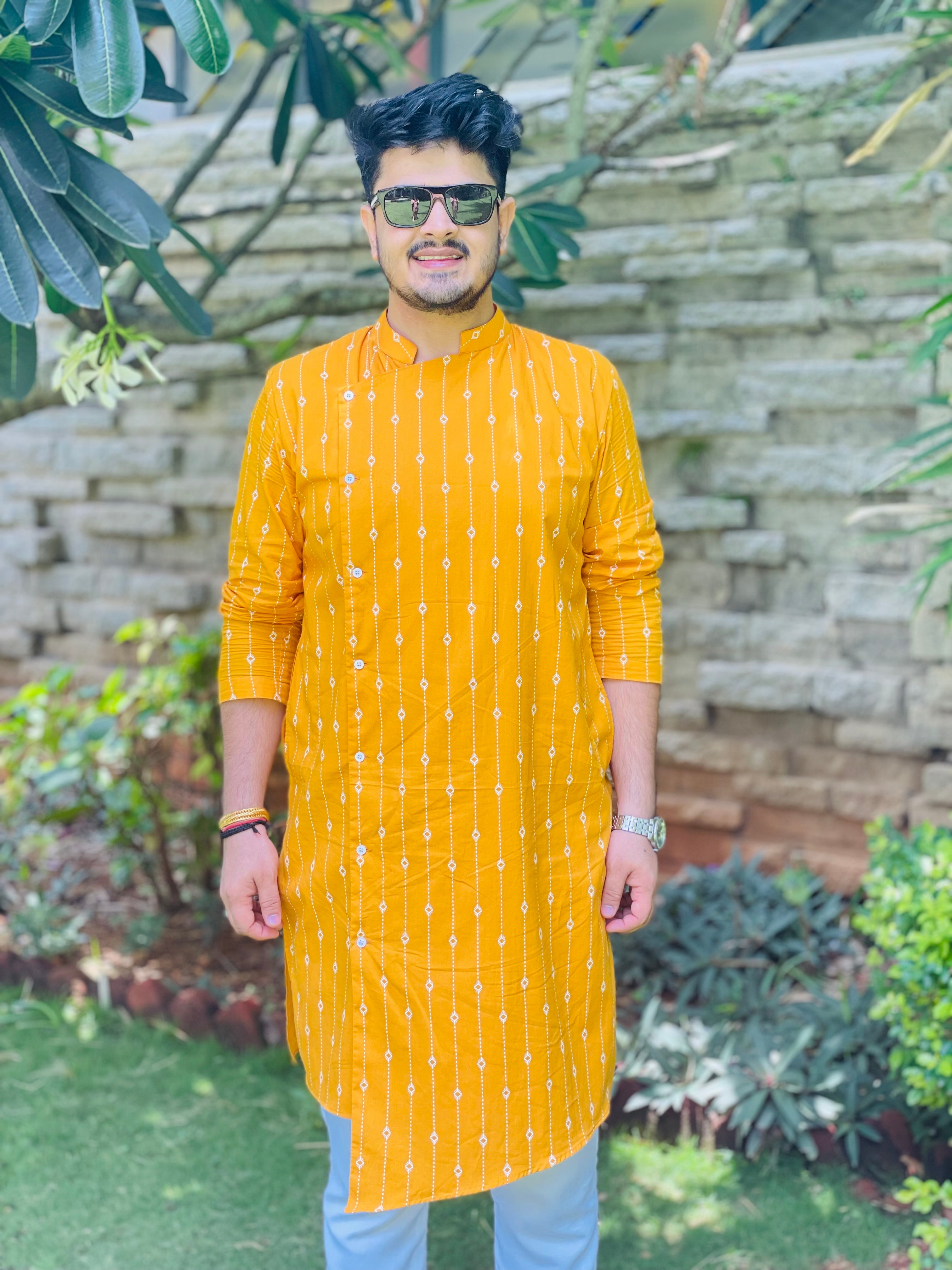 Menswear Mustard Printed Kurta Set