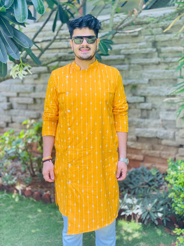 Menswear Mustard Printed Kurta Set