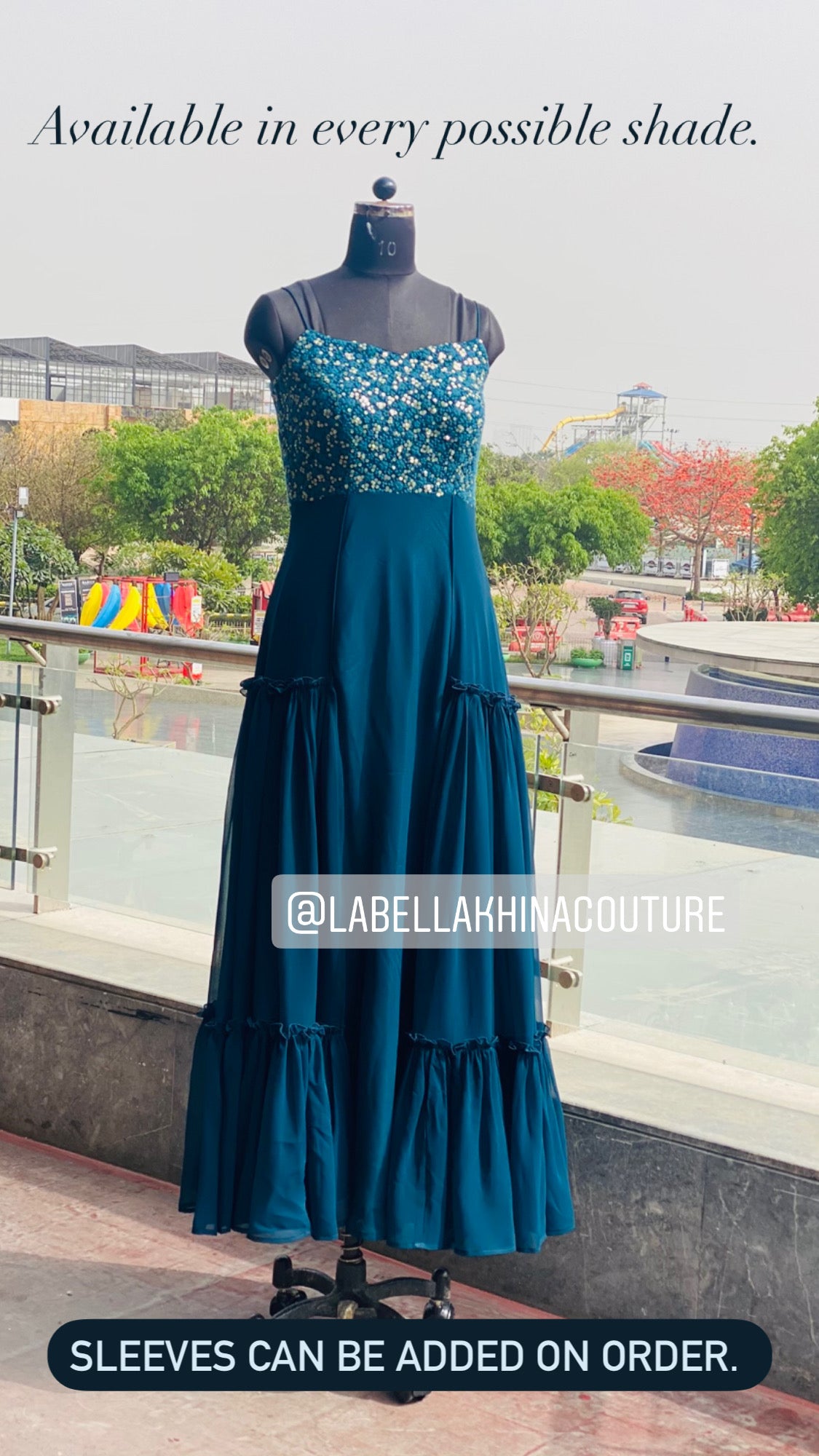 Peacock Blue Gown With Ruffle Dupatta