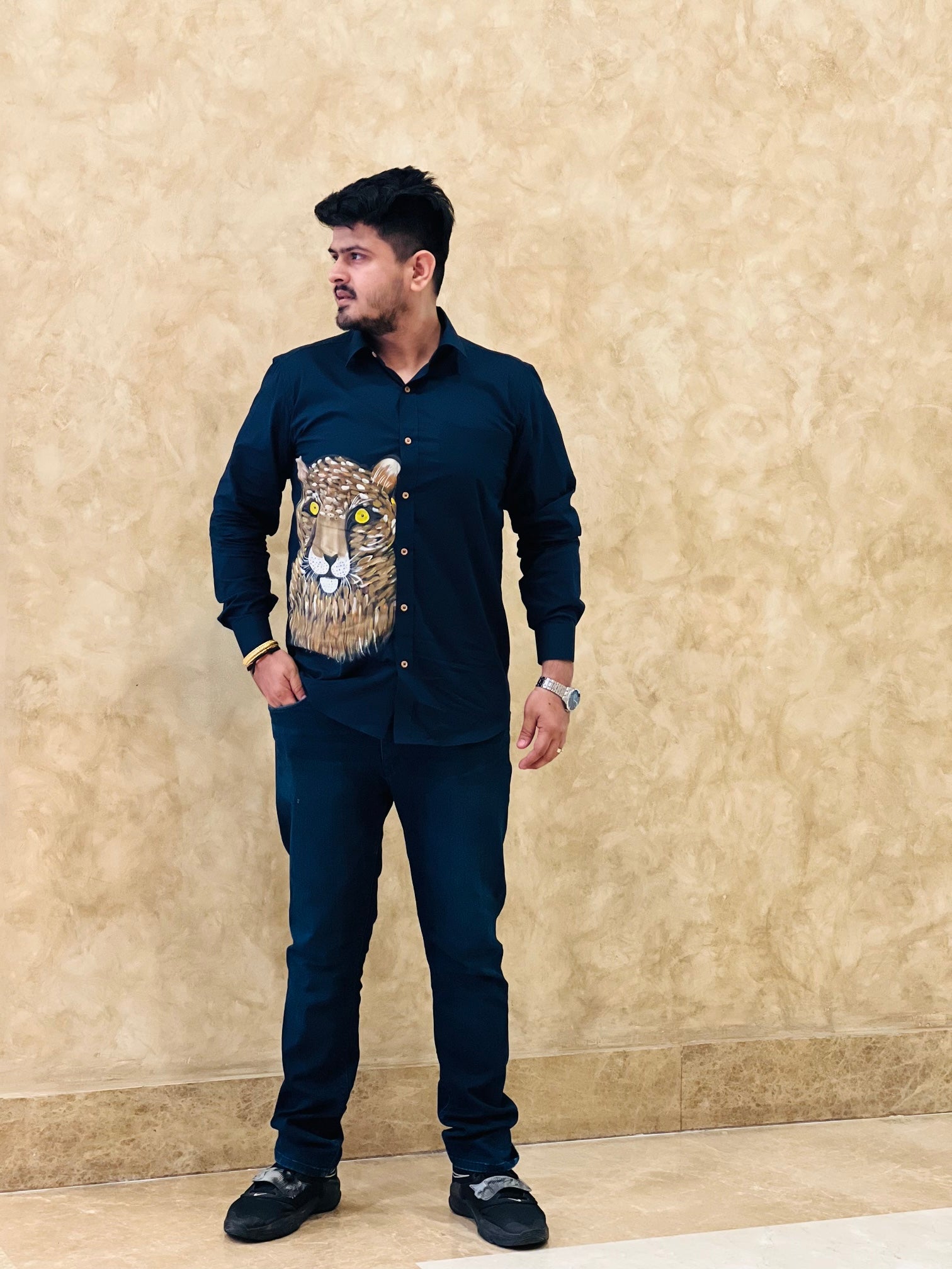 Menswear Navy Blue Hand-painted Shirt