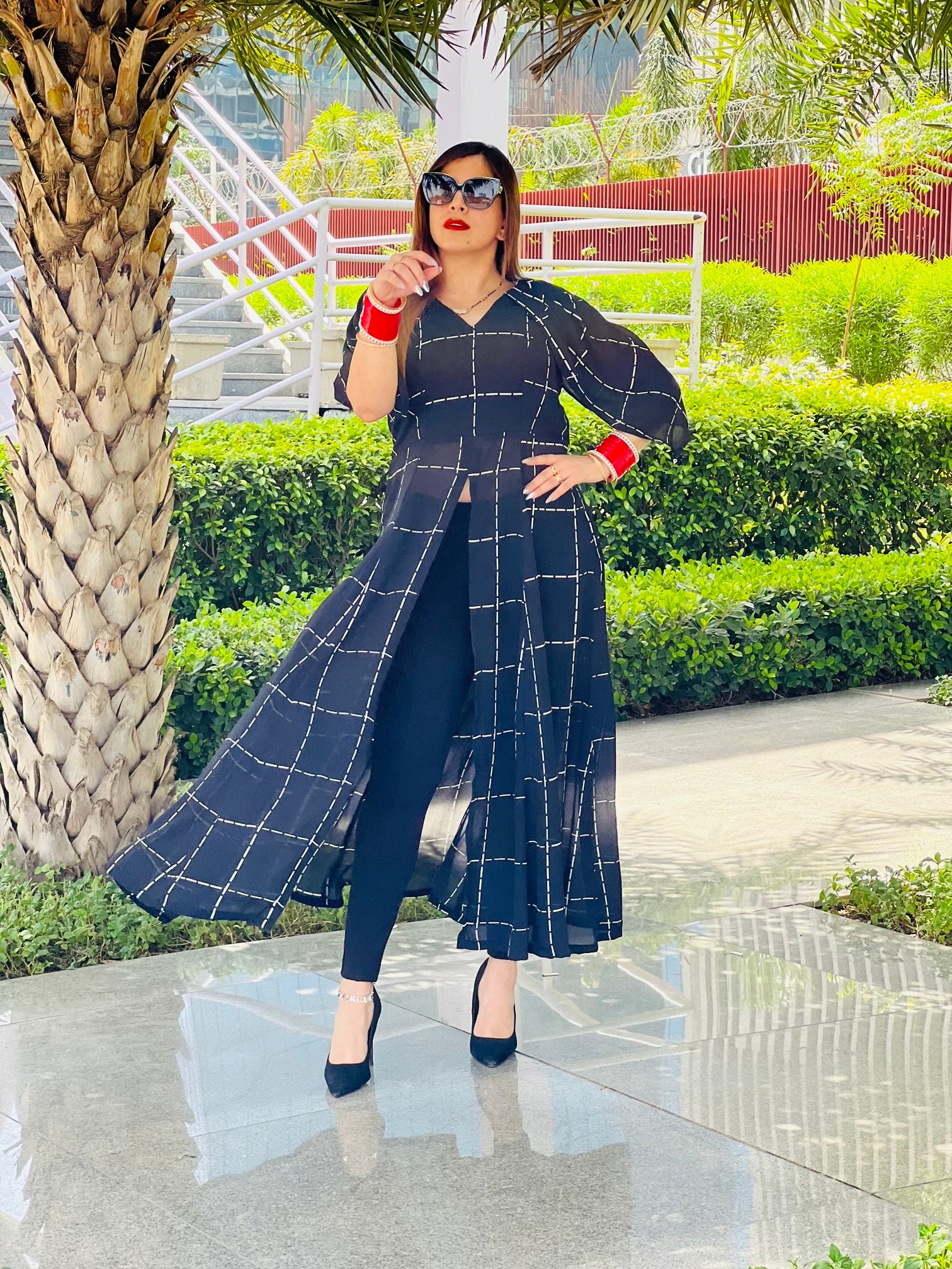 Black Geometric Slit Top