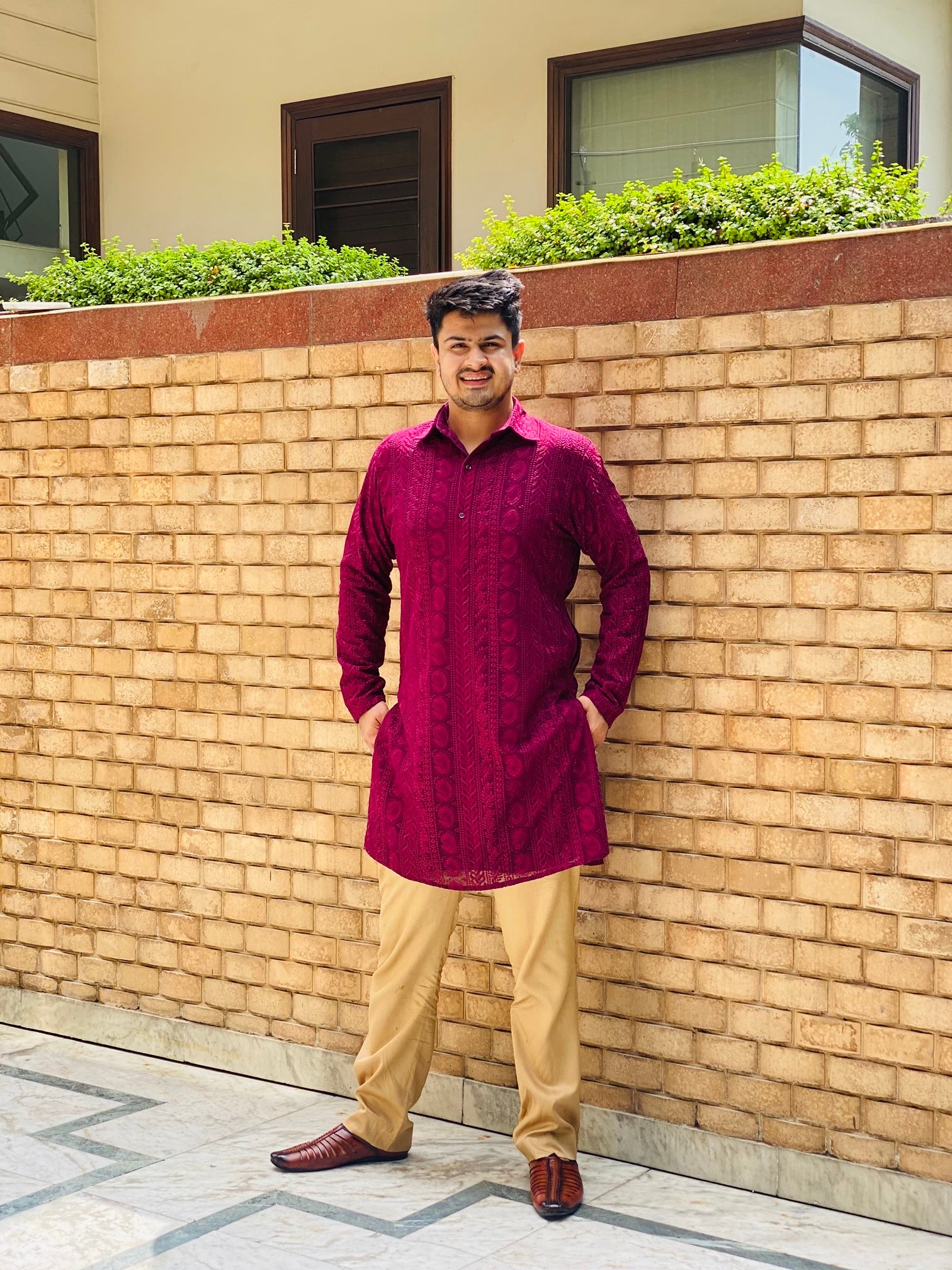 Menswear Wine Chikankari Kurta Set