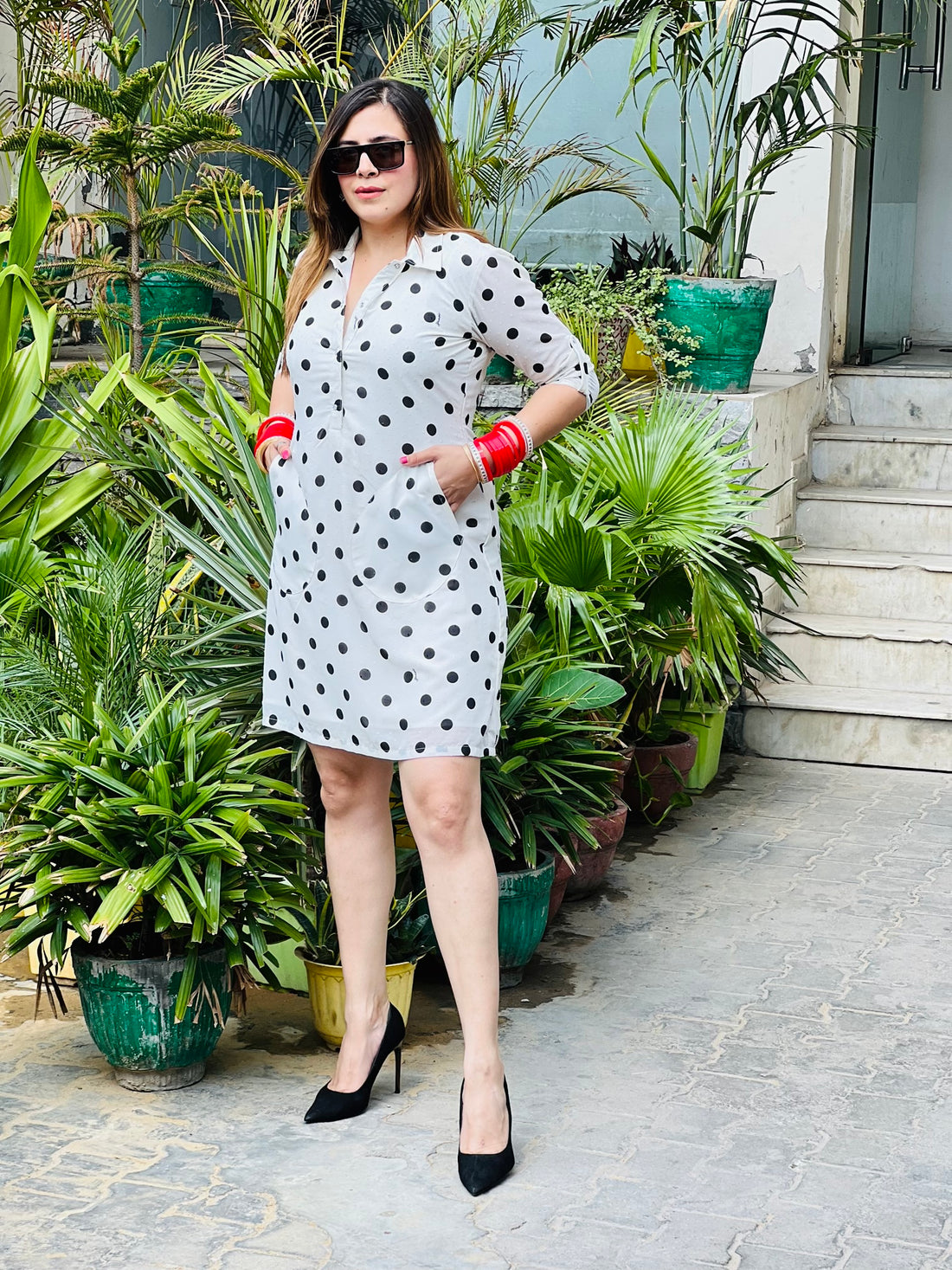White Dobby Polka Dress