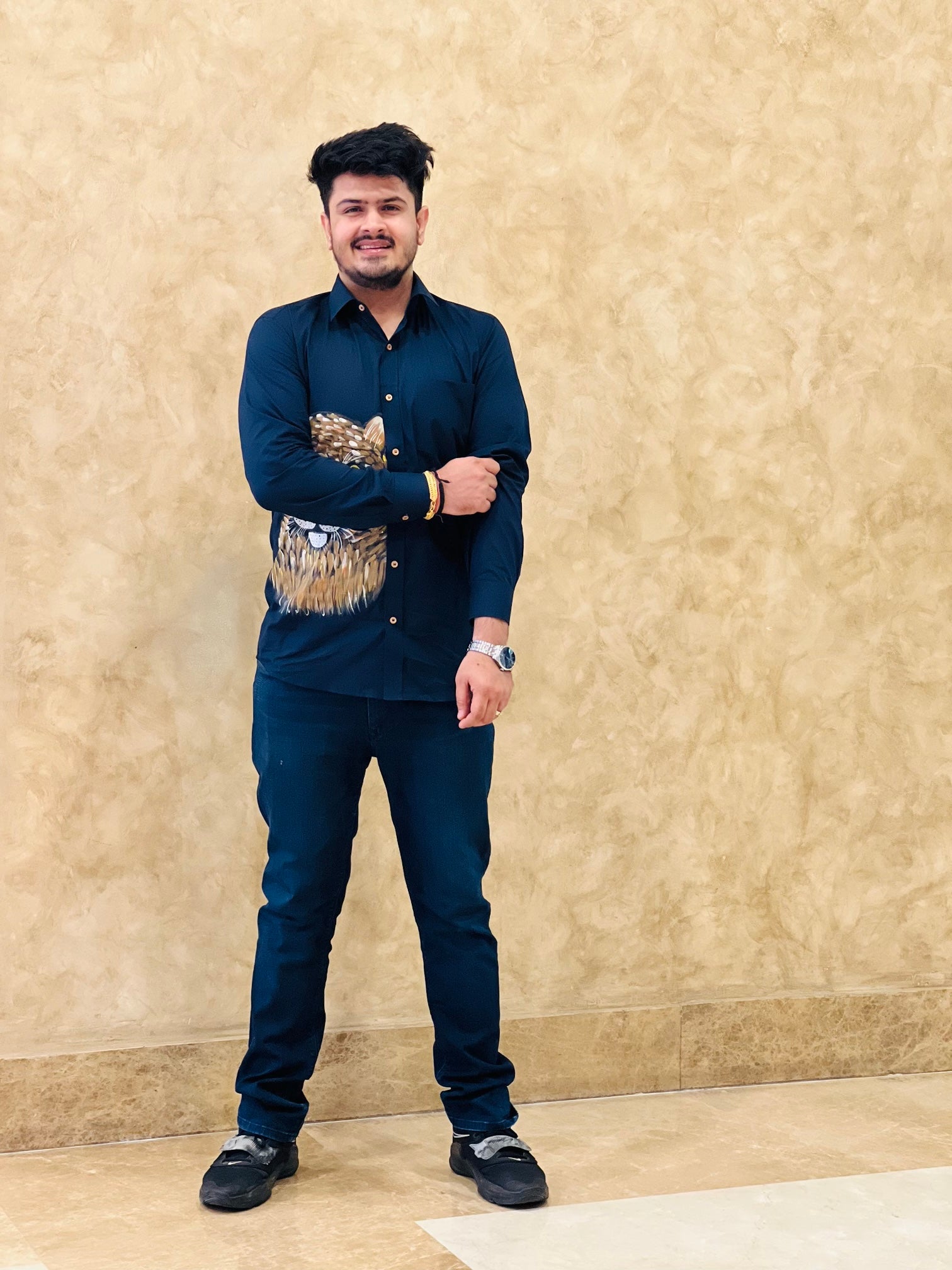 Menswear Navy Blue Hand-painted Shirt