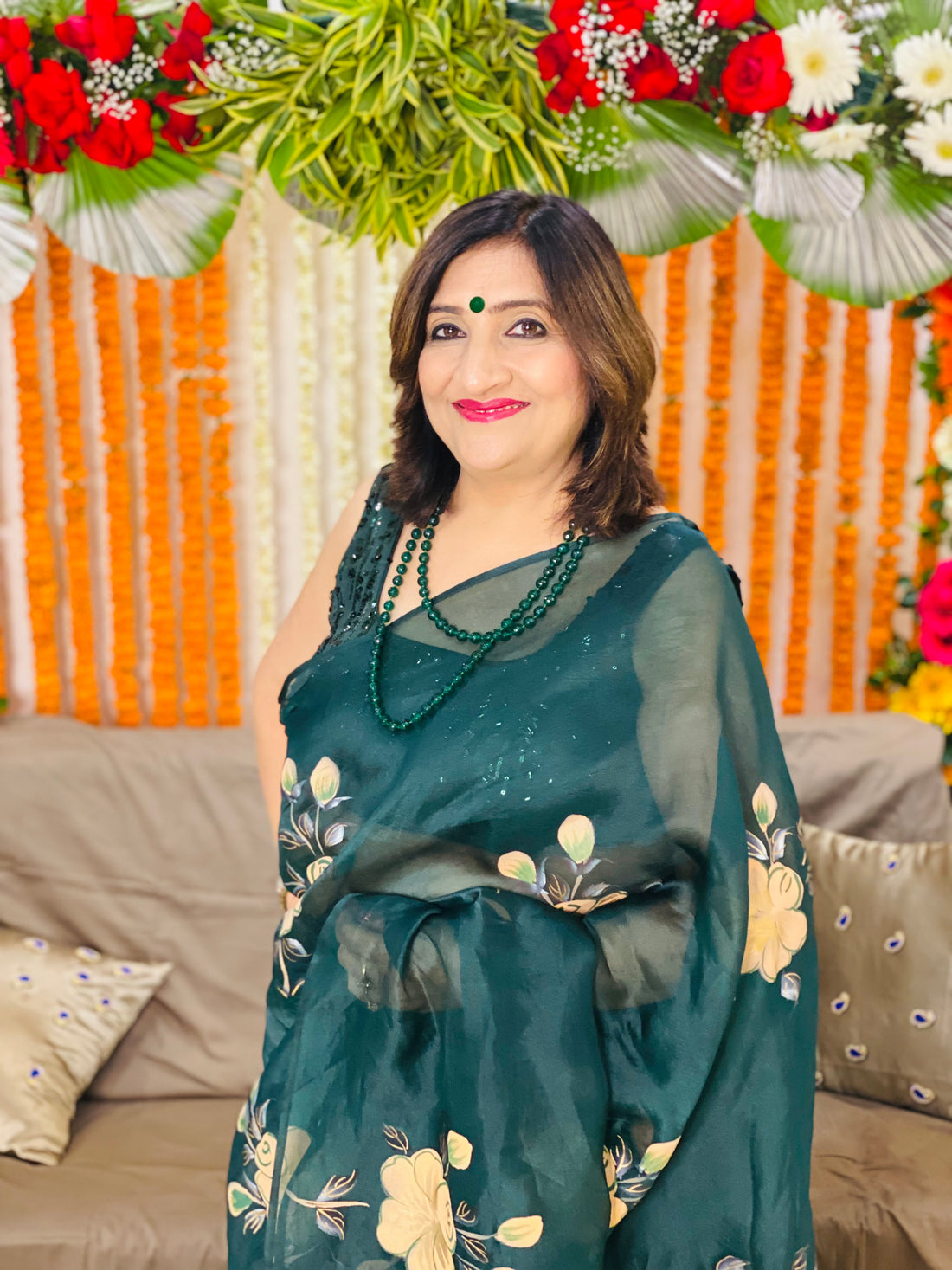 Bottle Green Handpainted Saree