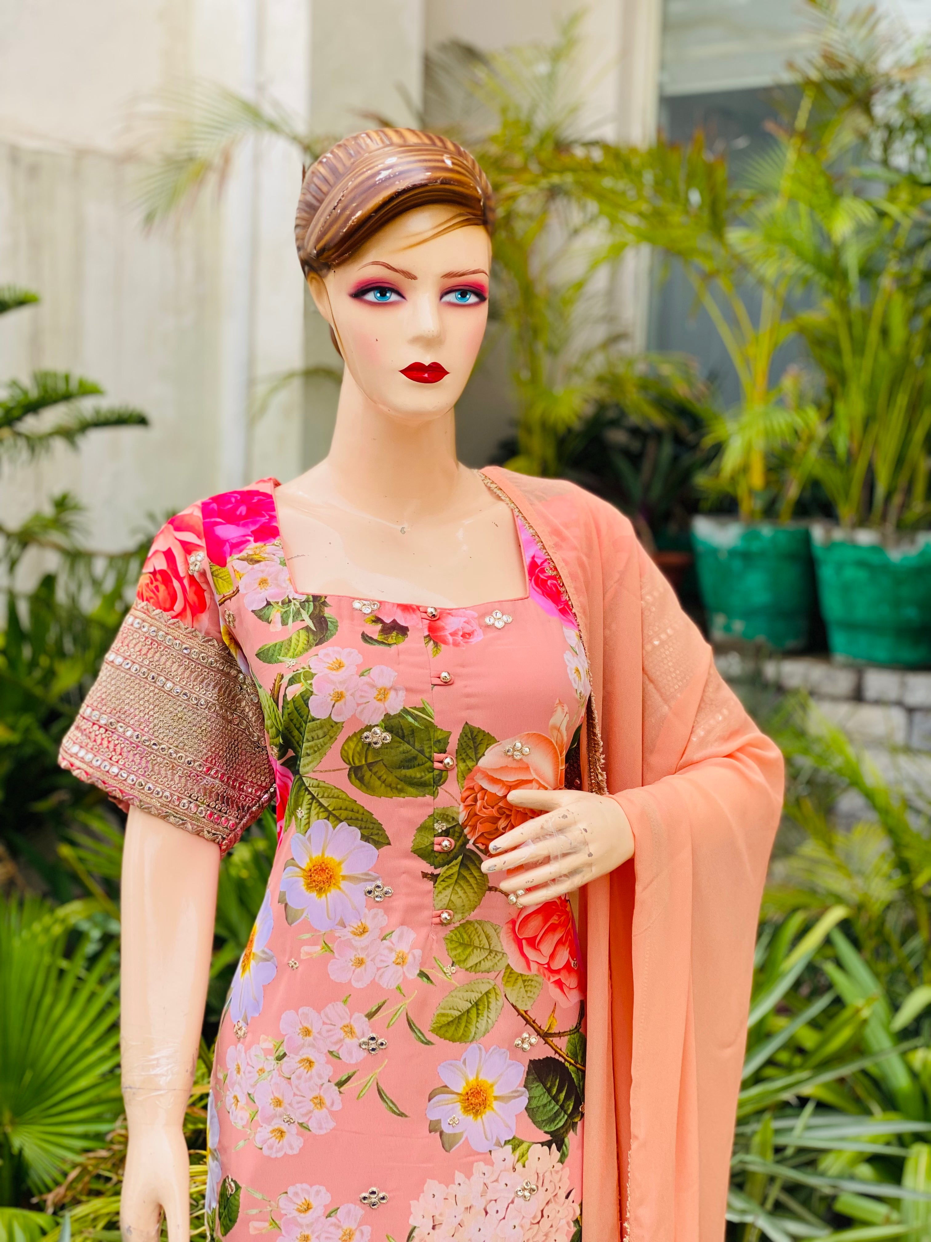 Peach Floral Embroidered Suit