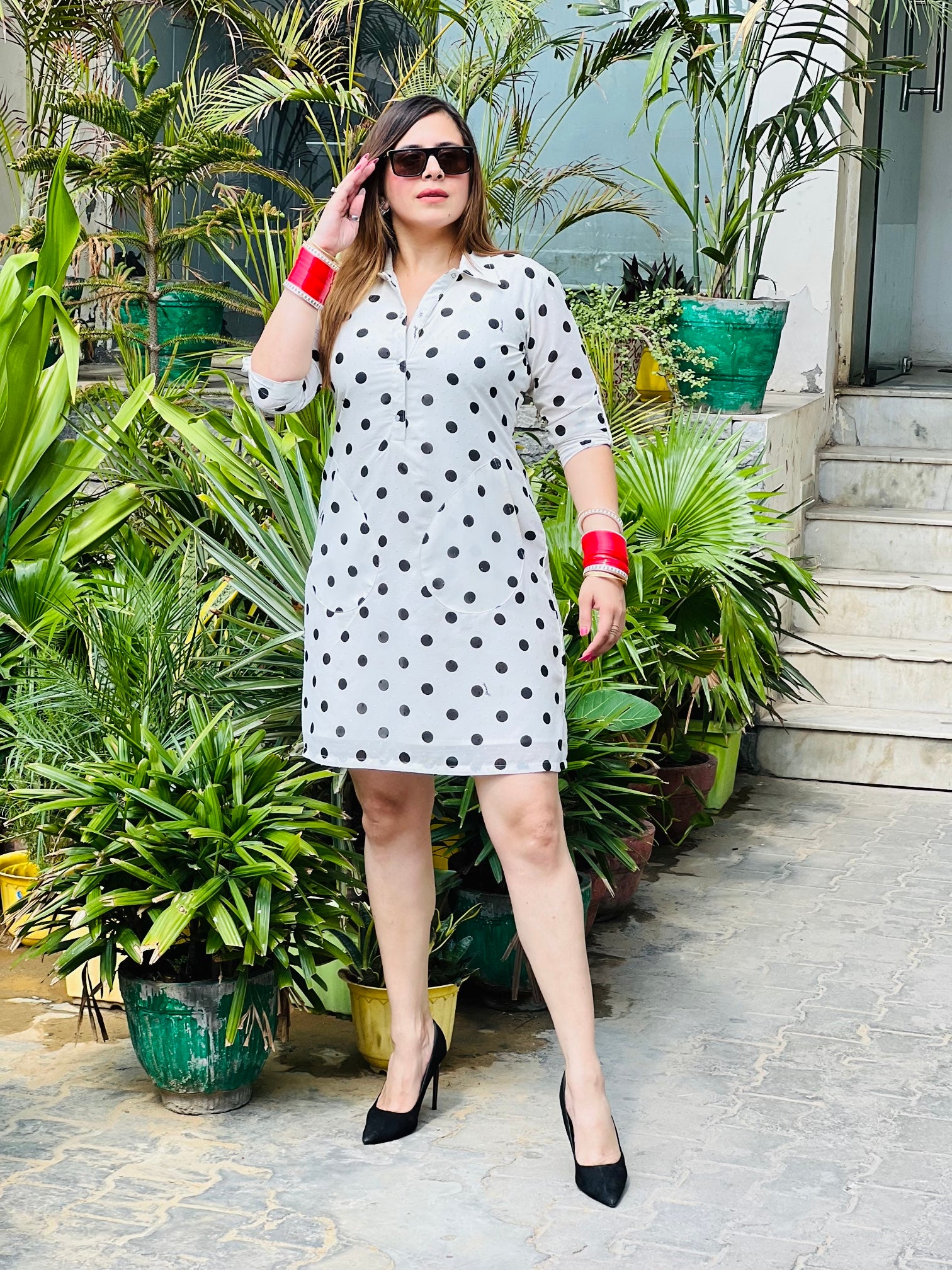 White Dobby Polka Dress