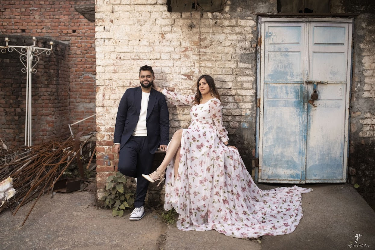 White Floral Trail Gown – Lakhina Couture