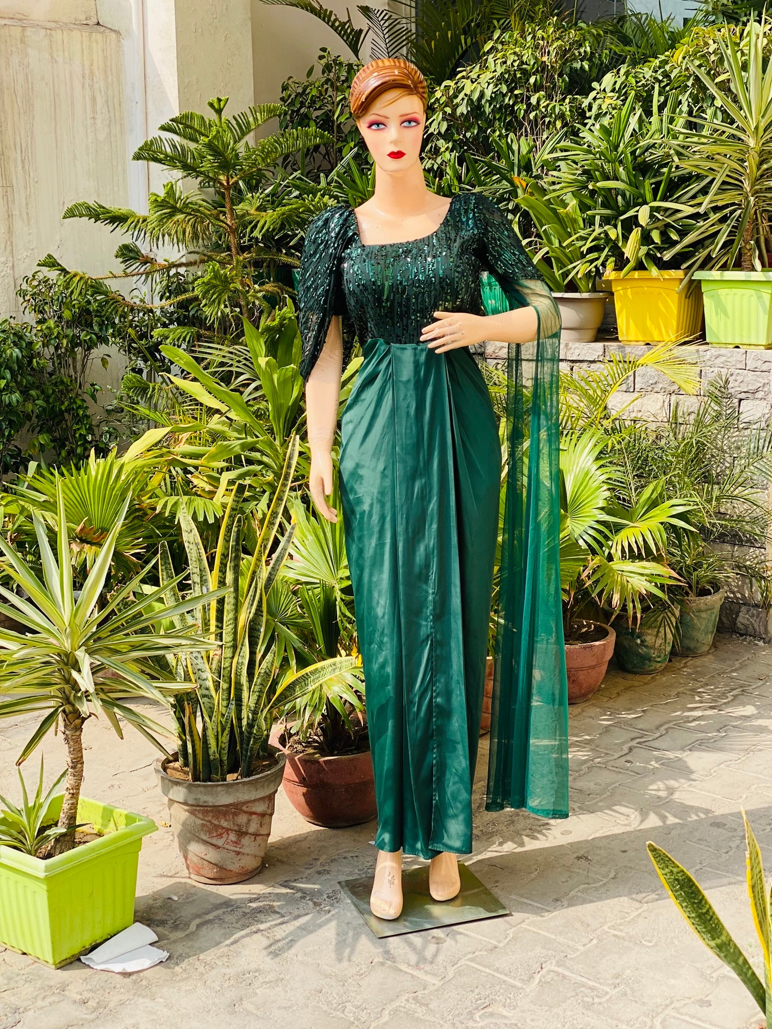 Forest Green Petal & Cape Sleeves Drape