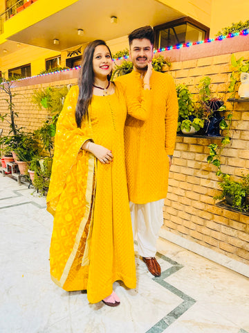 Menswear Yellow Chikankari Kurta with Dhoti