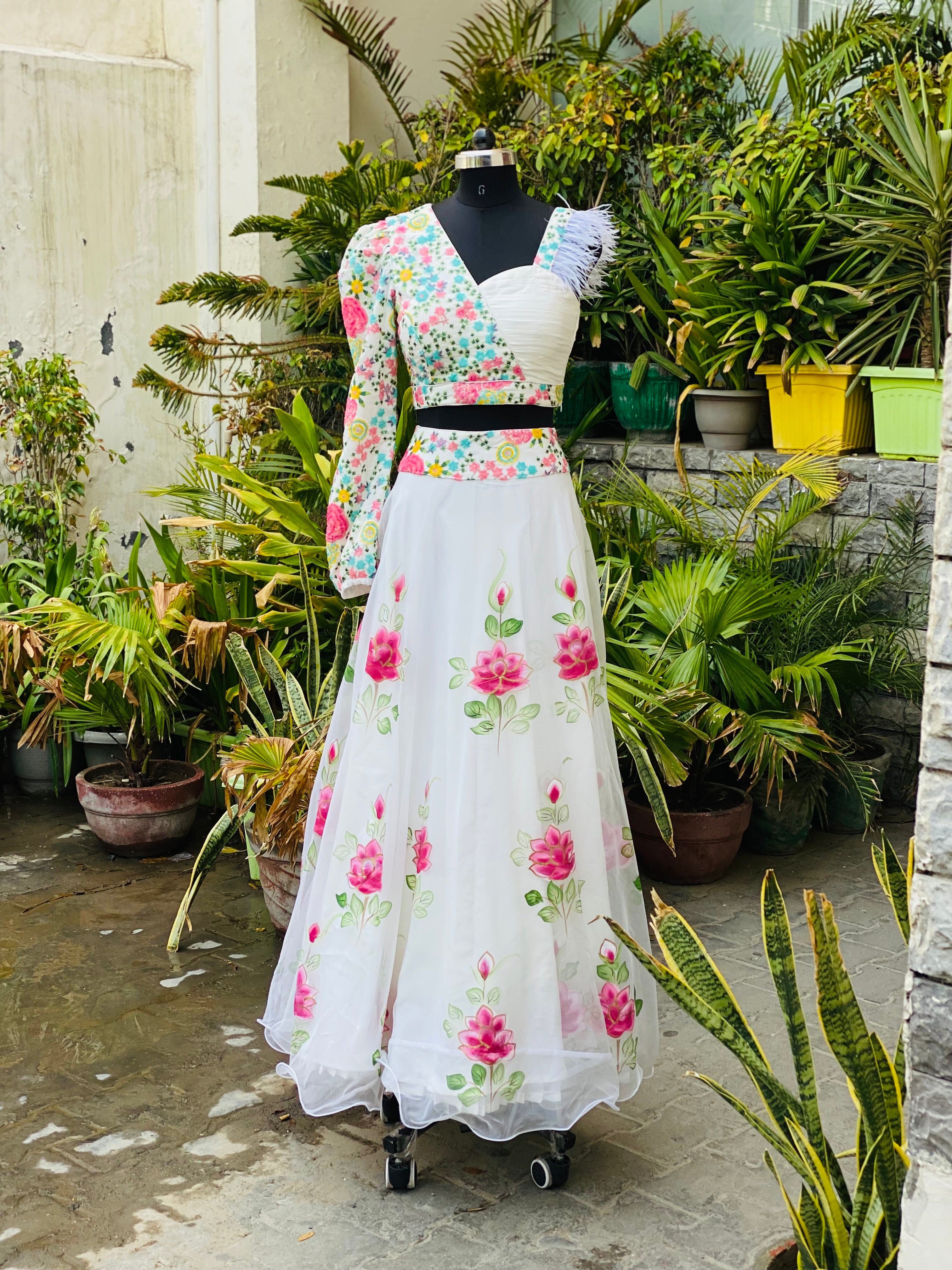 White Handpainted Organza Lehenga