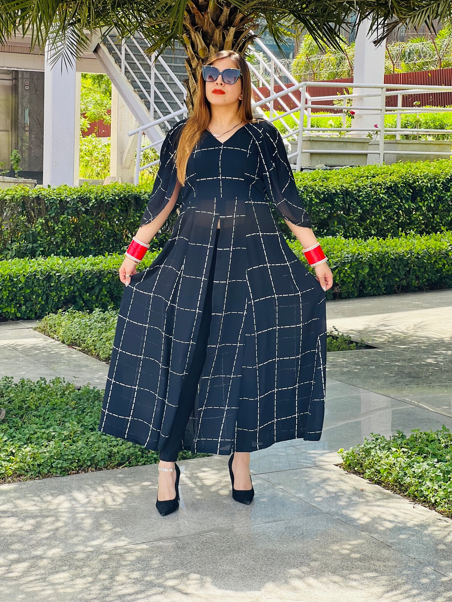 Black Geometric Slit Top