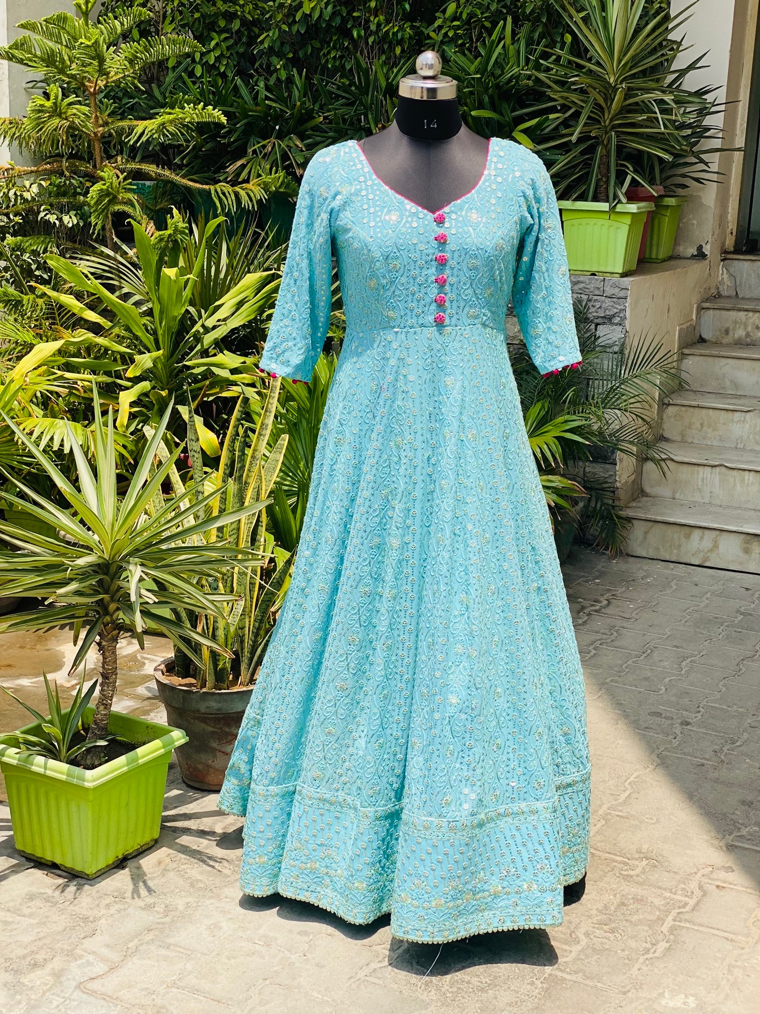 Sky Blue Chikankari Anarkali