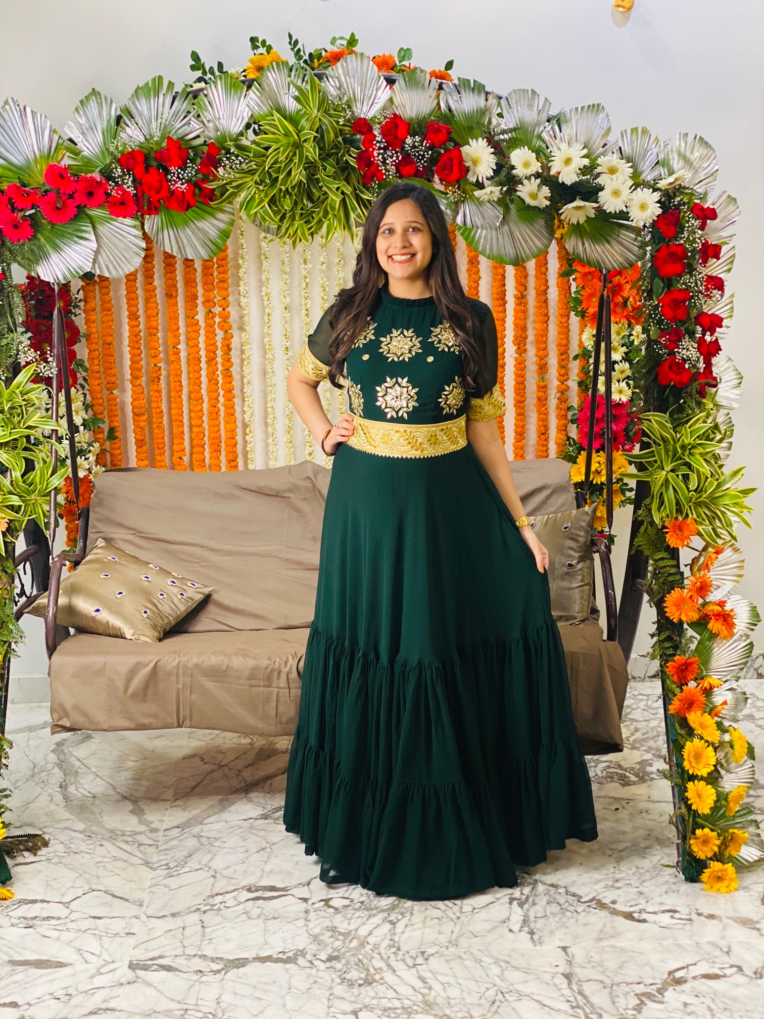 Bottle Green Anarkali with Belt