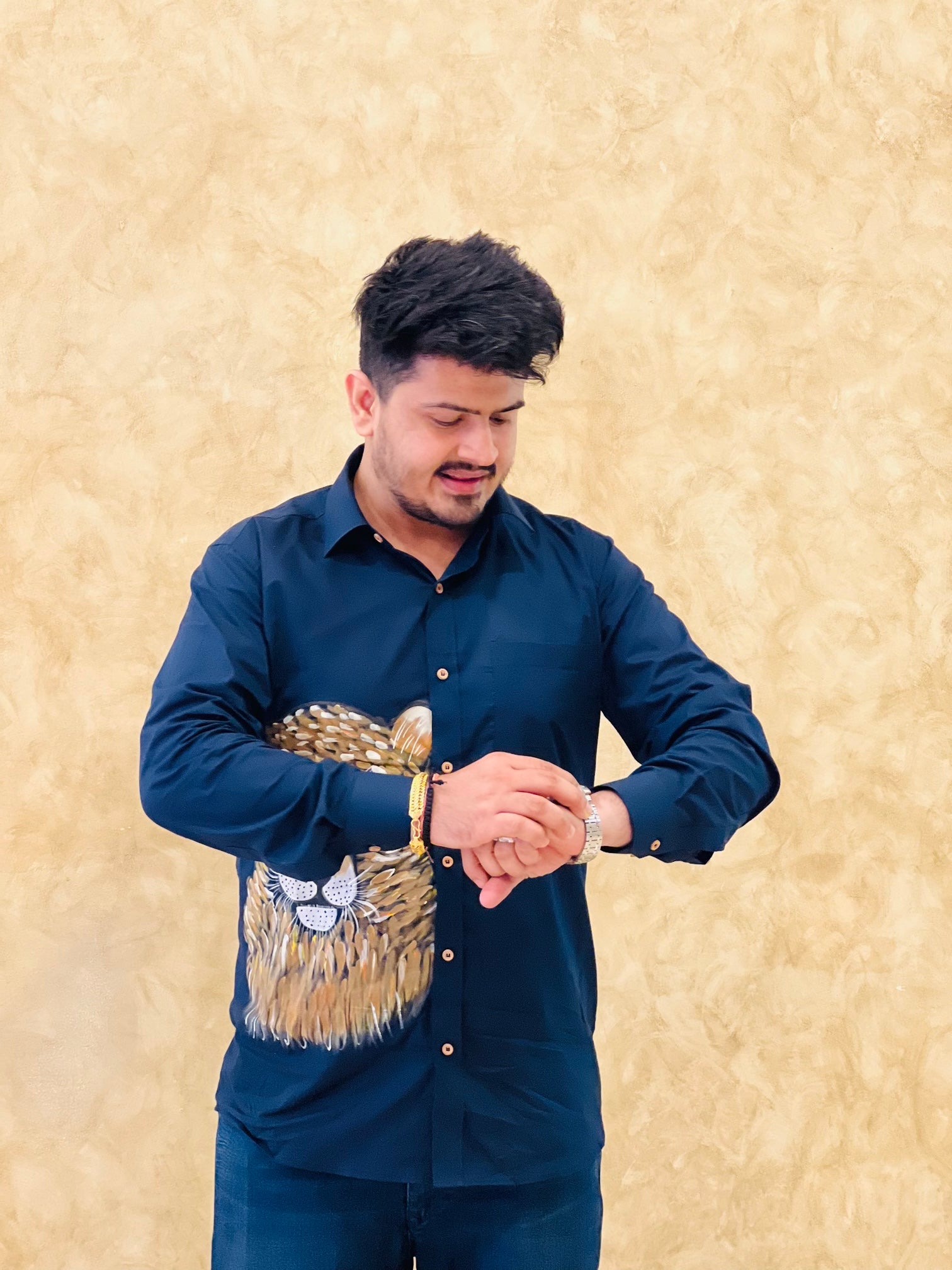 Menswear Navy Blue Hand-painted Shirt