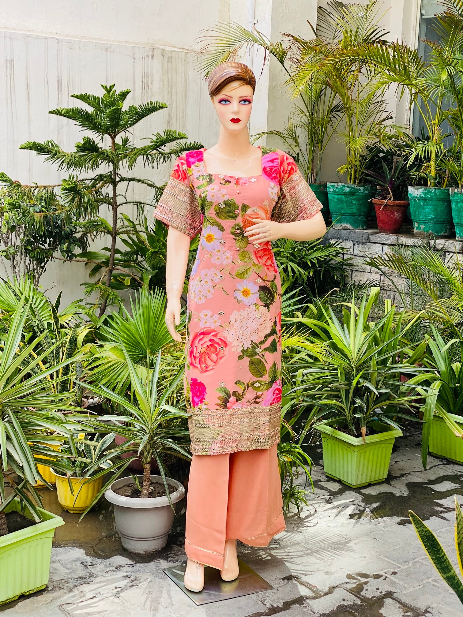 Peach Floral Embroidered Suit
