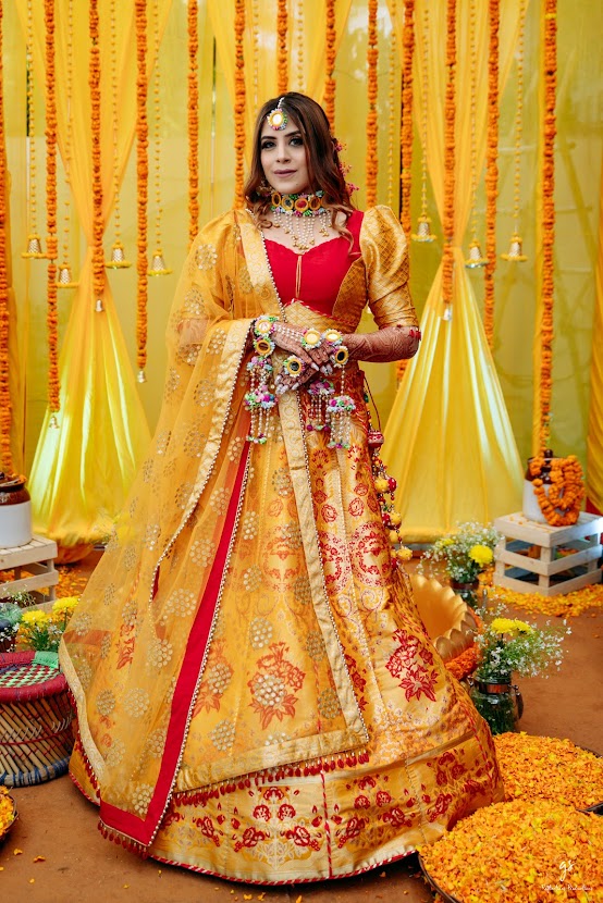 Beautiful red and yellow color combination lehenga and patch work blouse  with dupatta. 2022-07-24