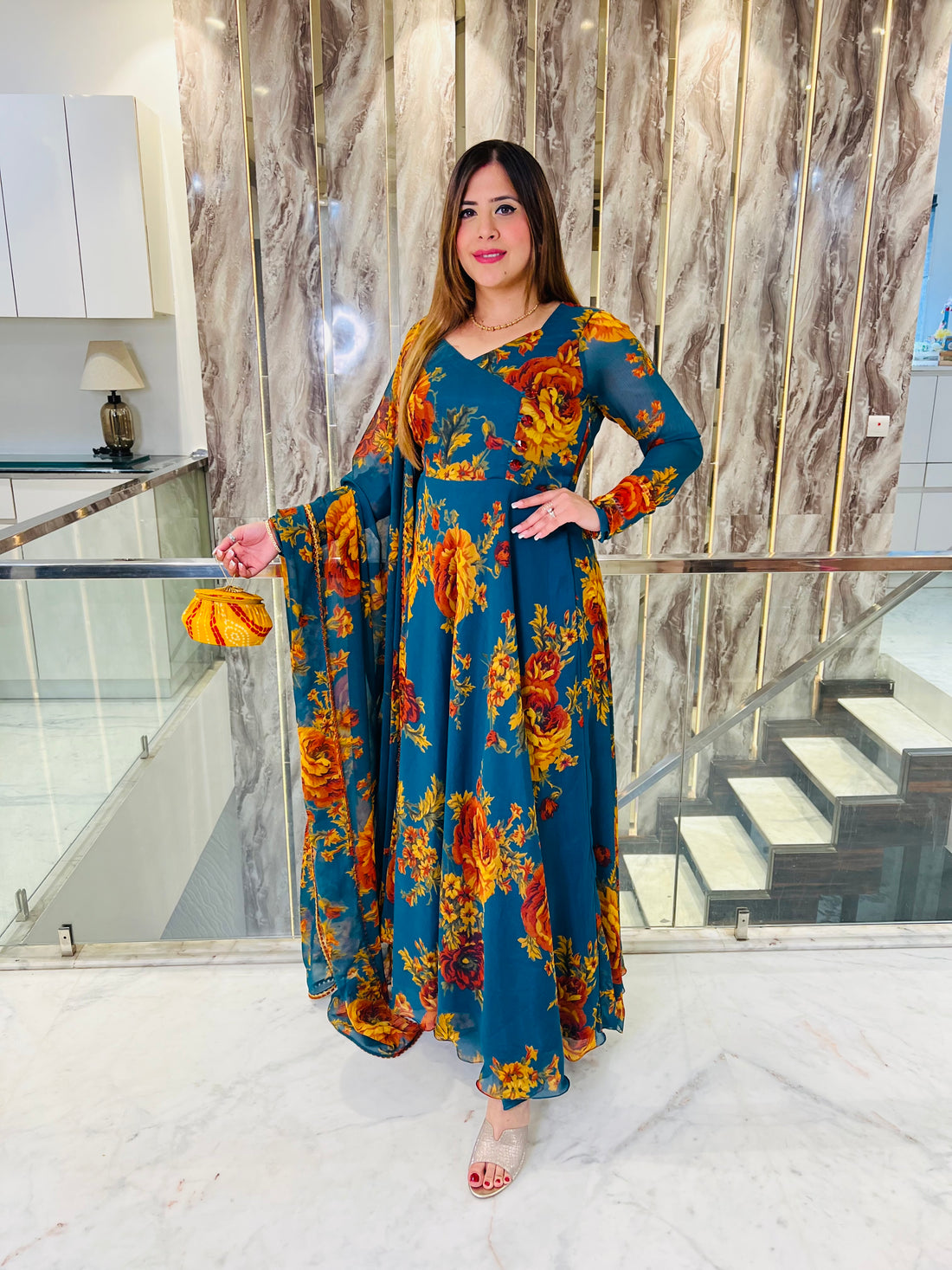 Teal Green Floral Anarkali