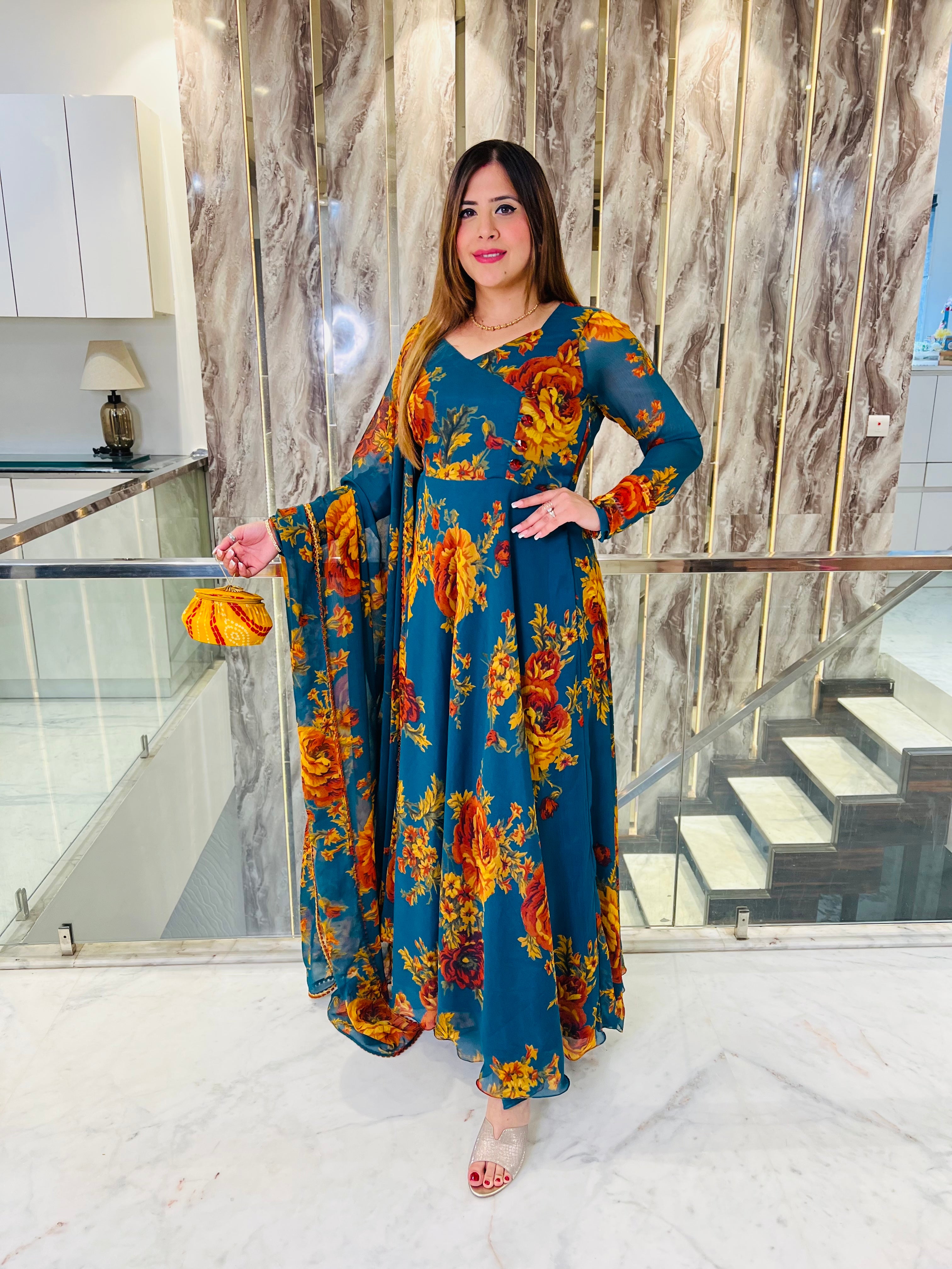 Teal Green Floral Anarkali