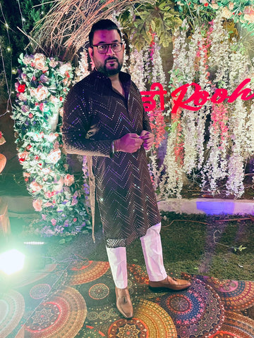 Menswear Wine Faux Mirror Kurta Set