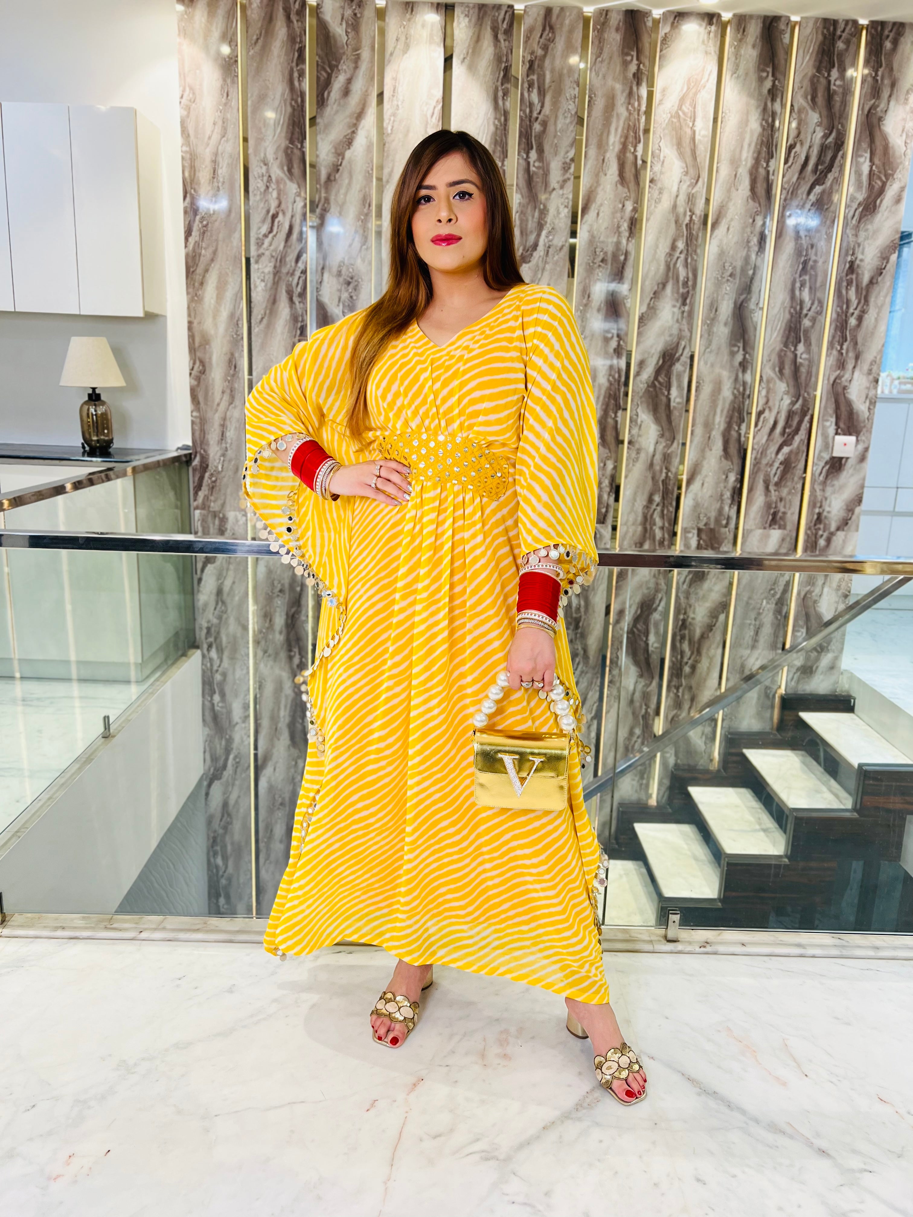 Yellow Leheriya Mirror Kaftaan