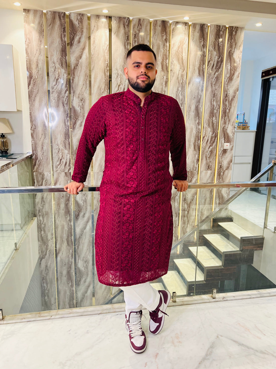 Menswear Wine Chikankari kurta
