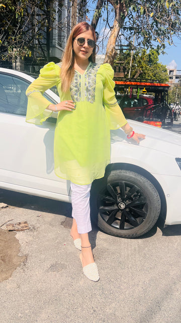 Pista Green Embroidered Kurti