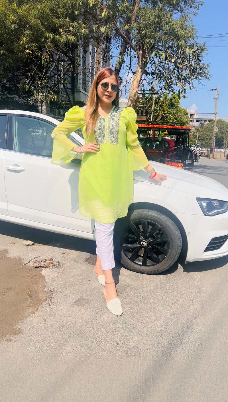 Pista Green Embroidered Kurti