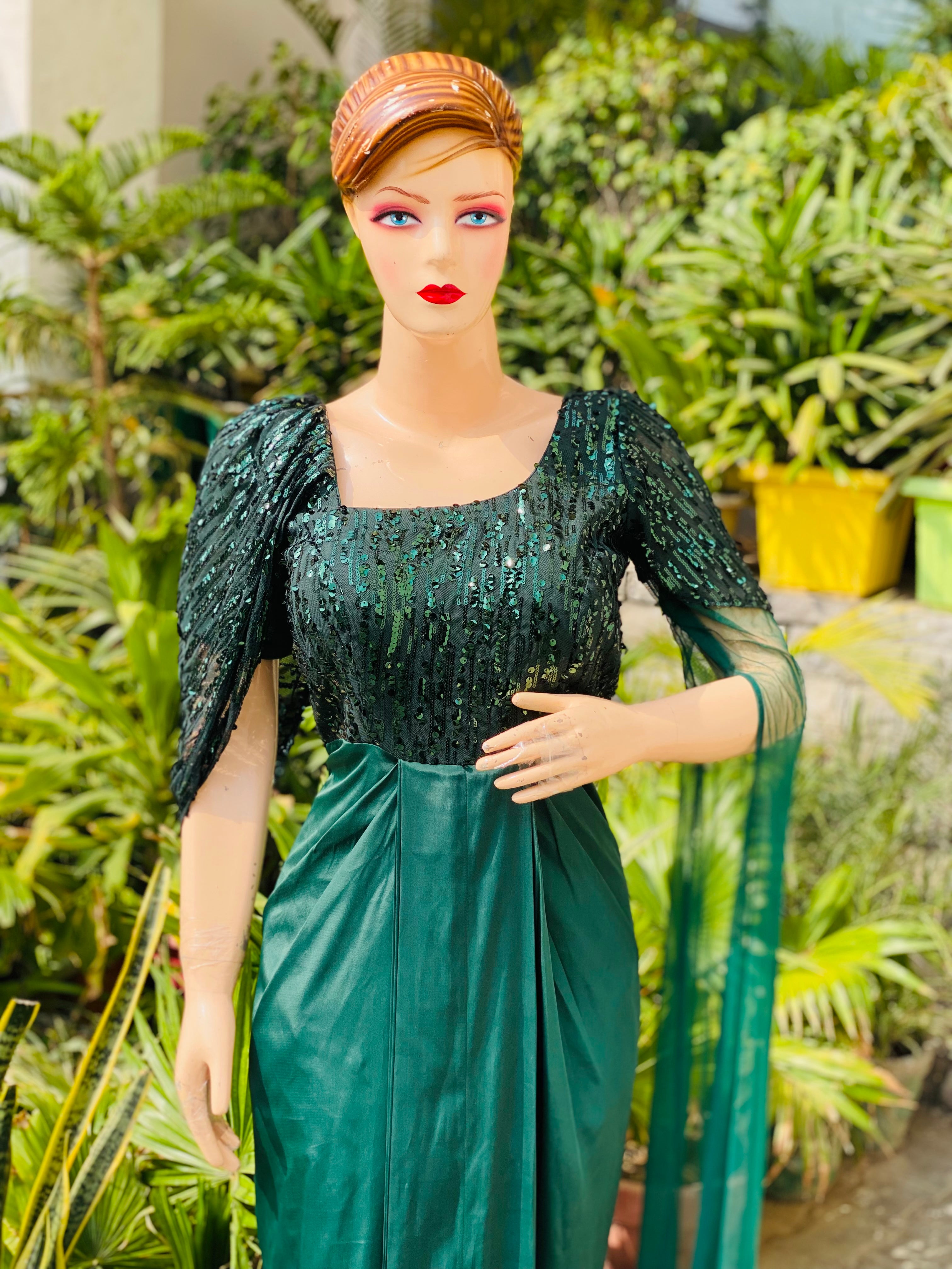 Forest Green Petal & Cape Sleeves Drape