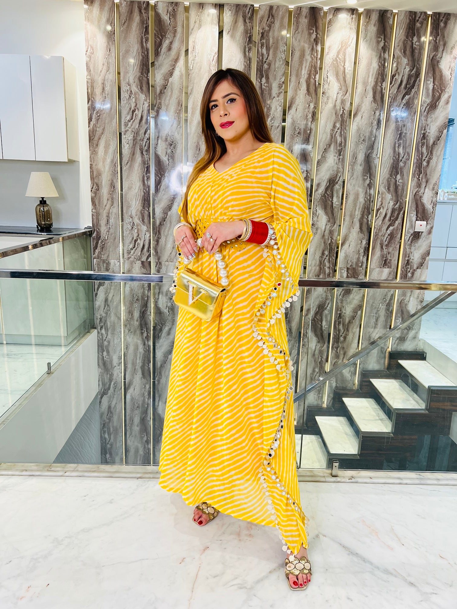 Yellow Leheriya Mirror Kaftaan