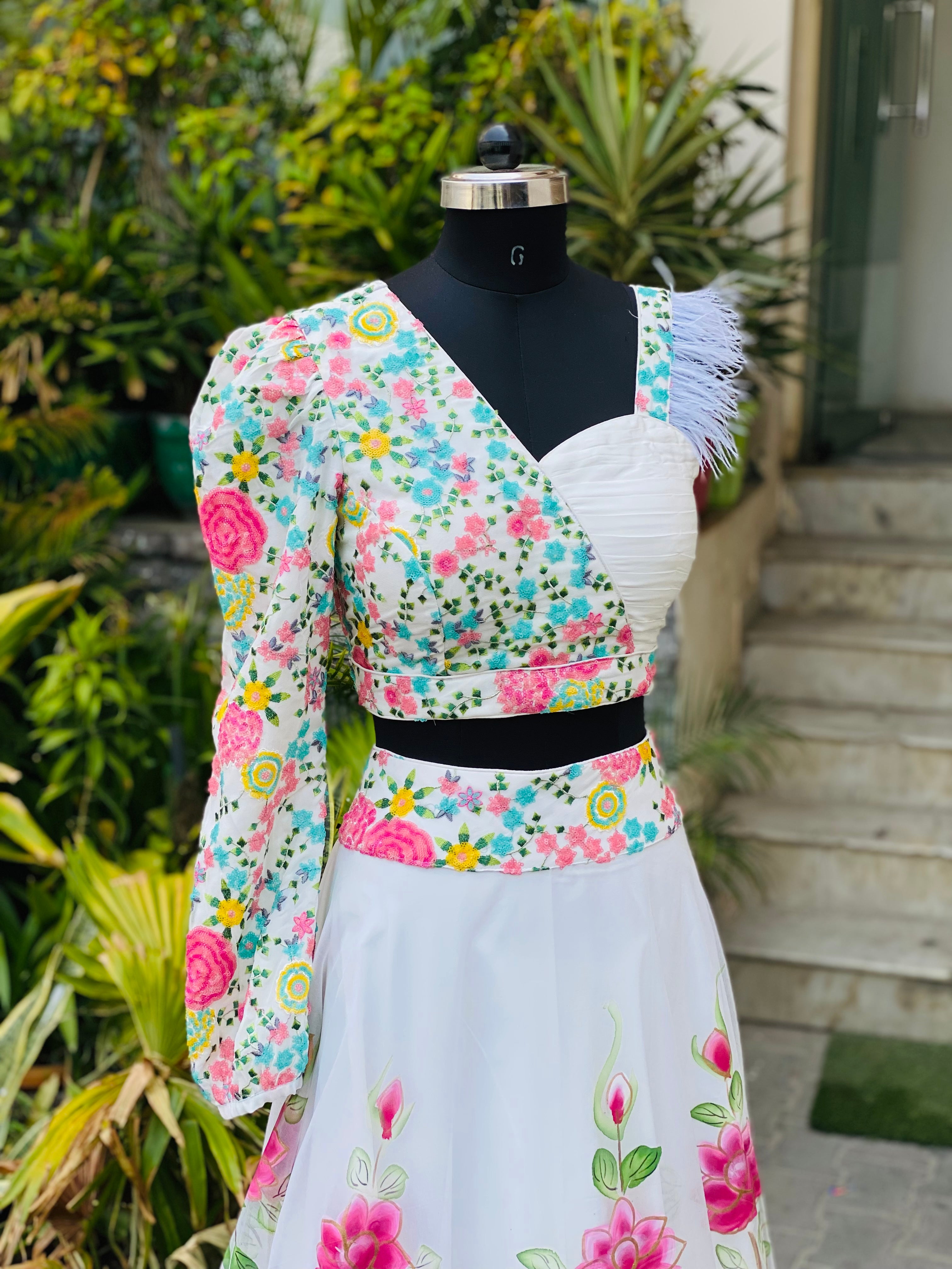 White Handpainted Organza Lehenga